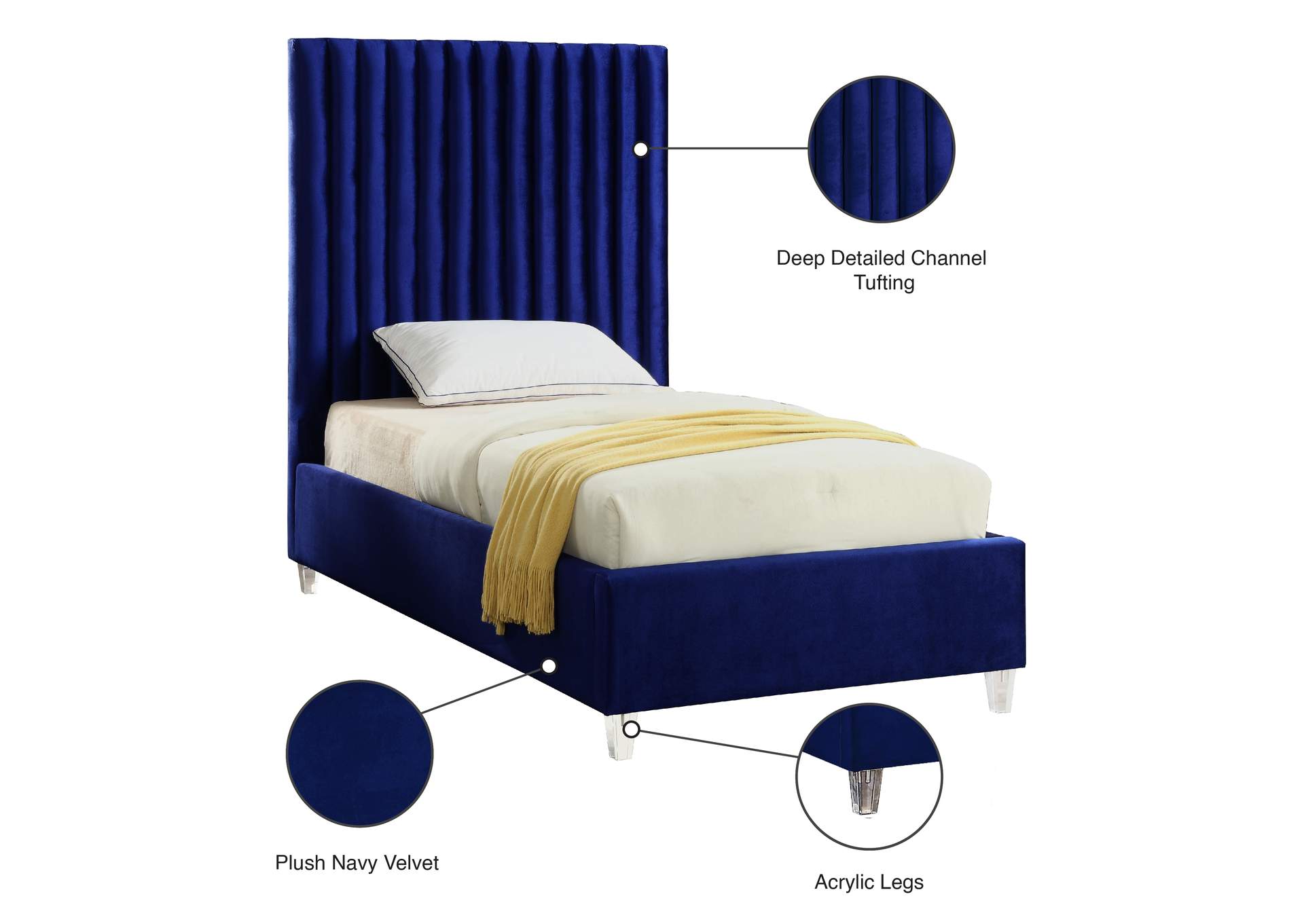 Candace Navy Velvet Twin Bed,Meridian Furniture