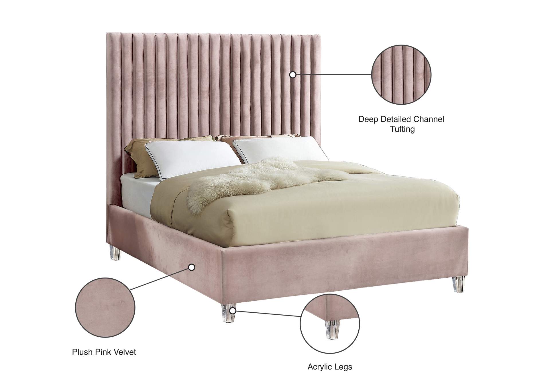 Candace Pink Velvet King Bed,Meridian Furniture