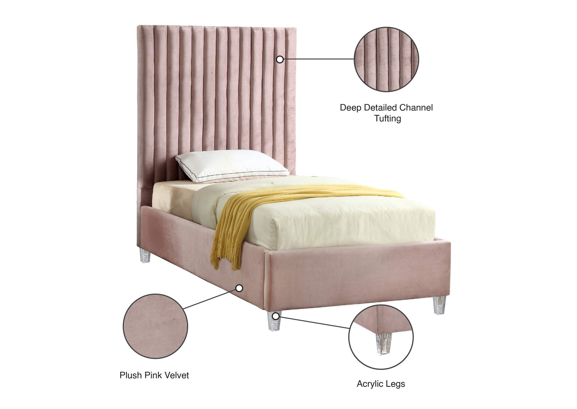 Candace Pink Velvet Twin Bed,Meridian Furniture