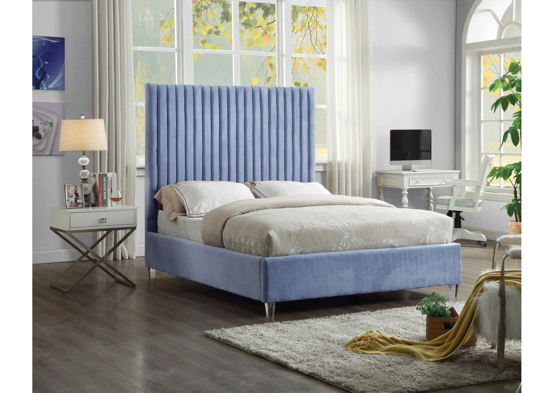 Candace Sky Blue Velvet Full Bed,Meridian Furniture