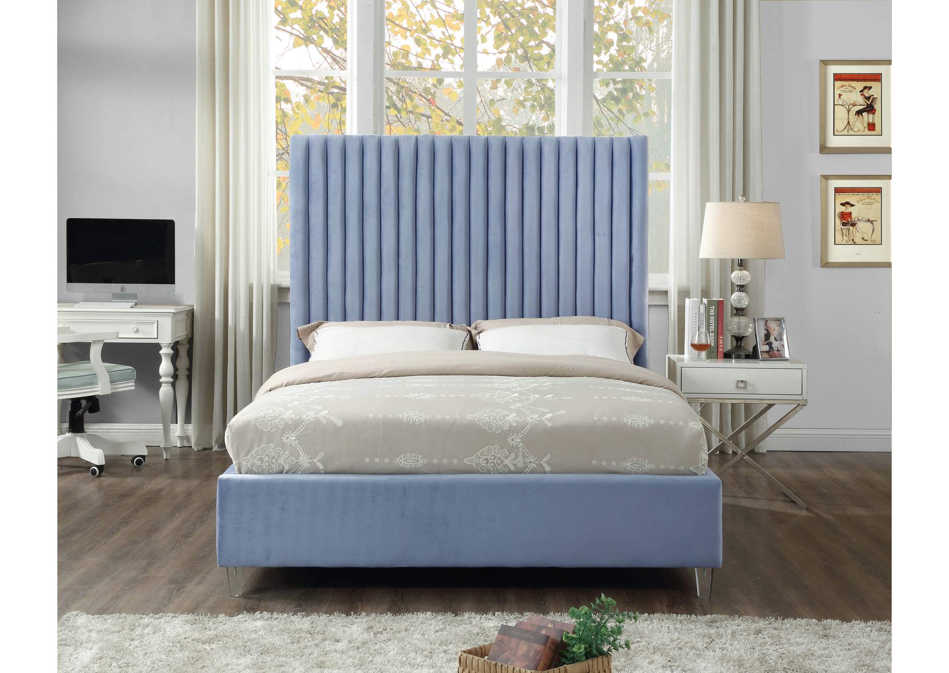 Candace Sky Blue Velvet Full Bed,Meridian Furniture