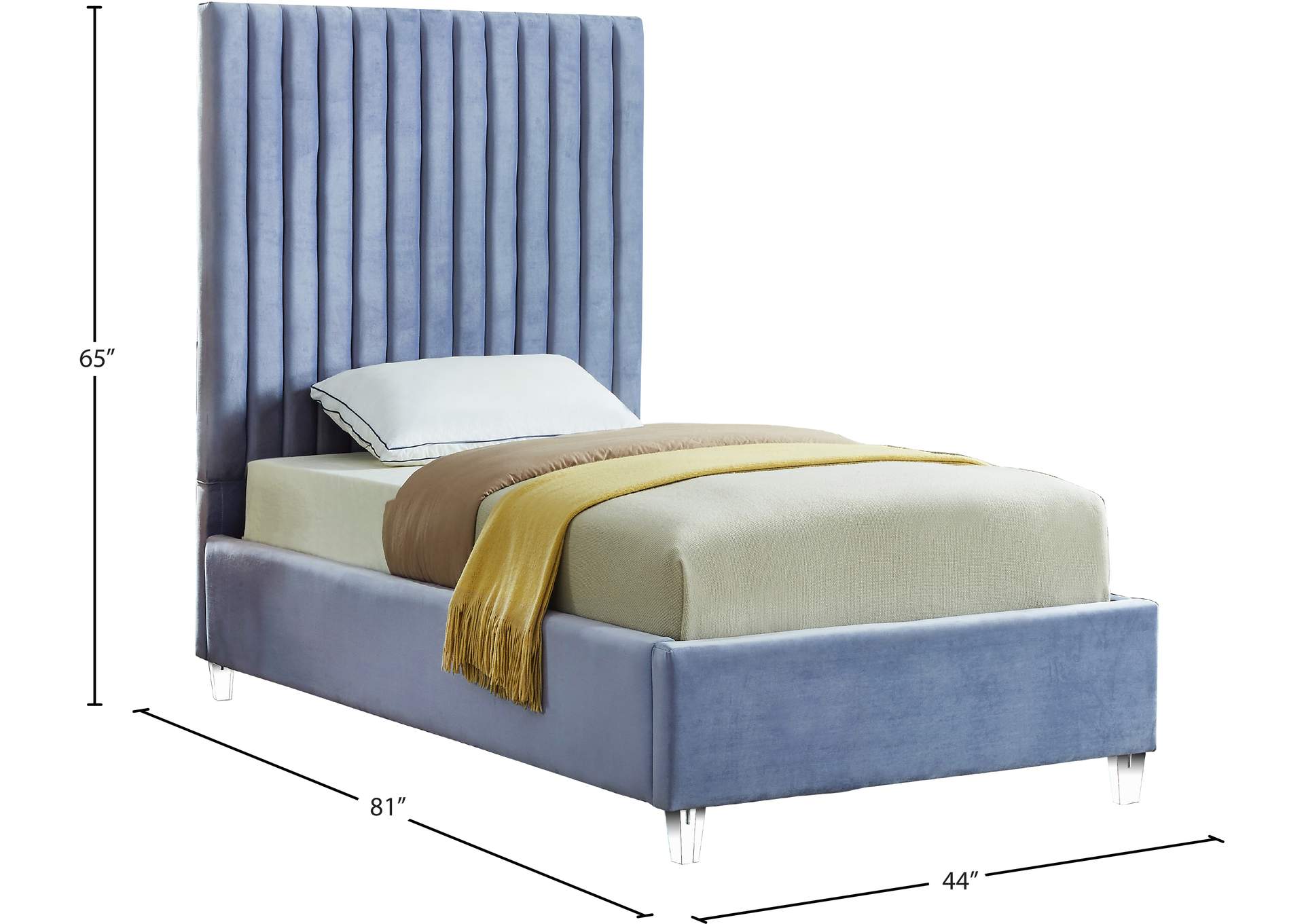 Candace Sky Blue Velvet Twin Bed,Meridian Furniture