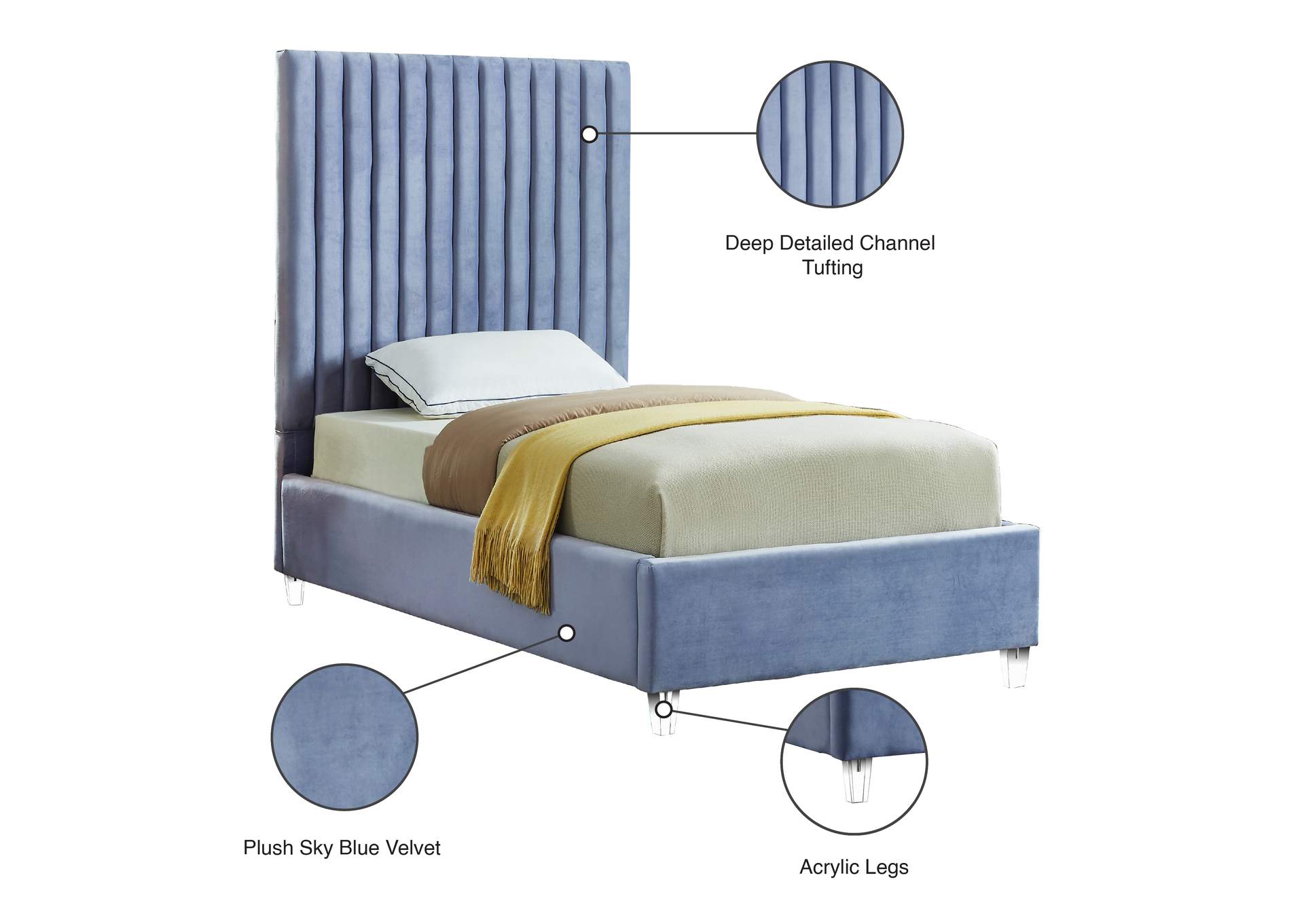 Candace Sky Blue Velvet Twin Bed,Meridian Furniture