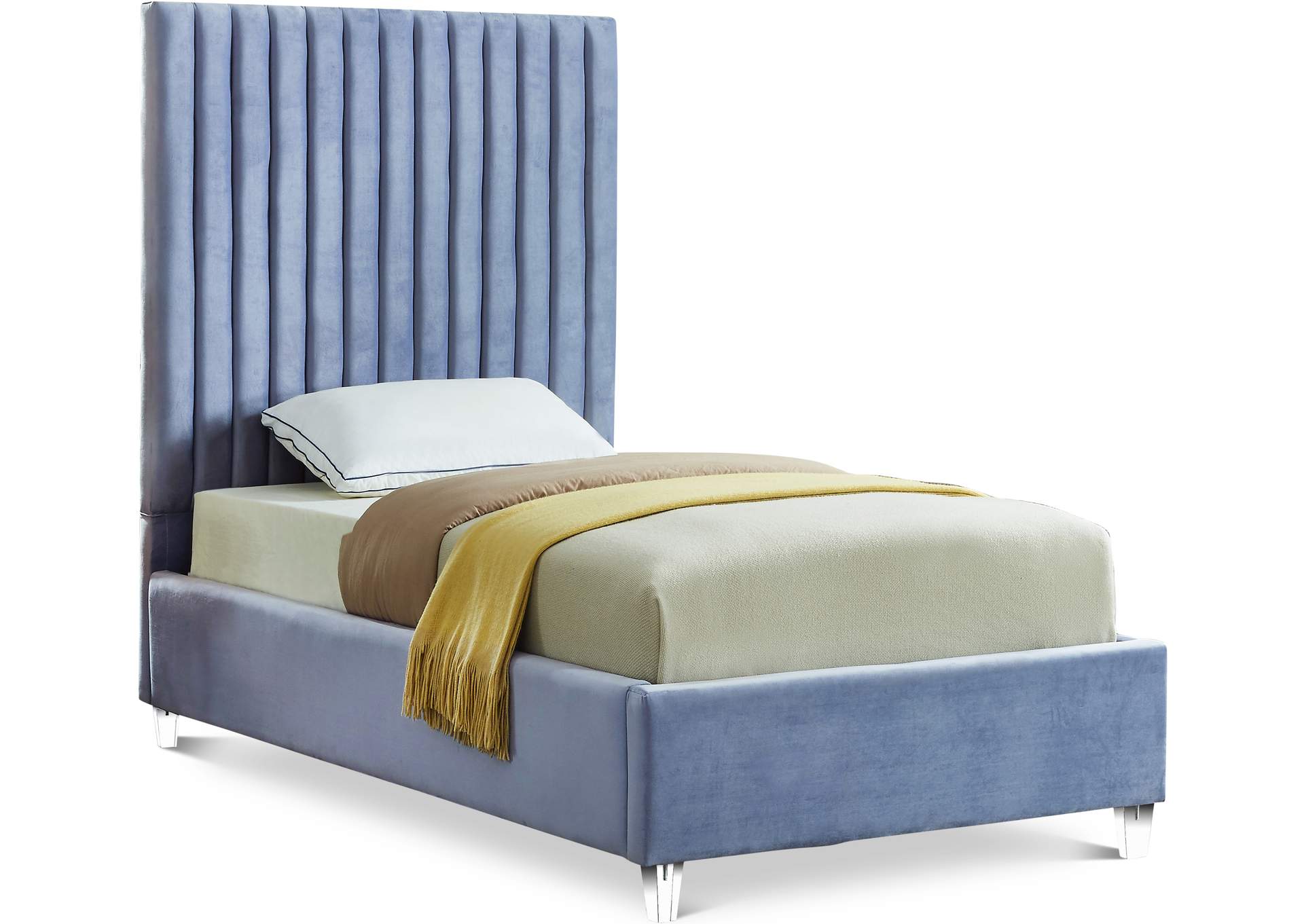 Candace Sky Blue Velvet Twin Bed,Meridian Furniture