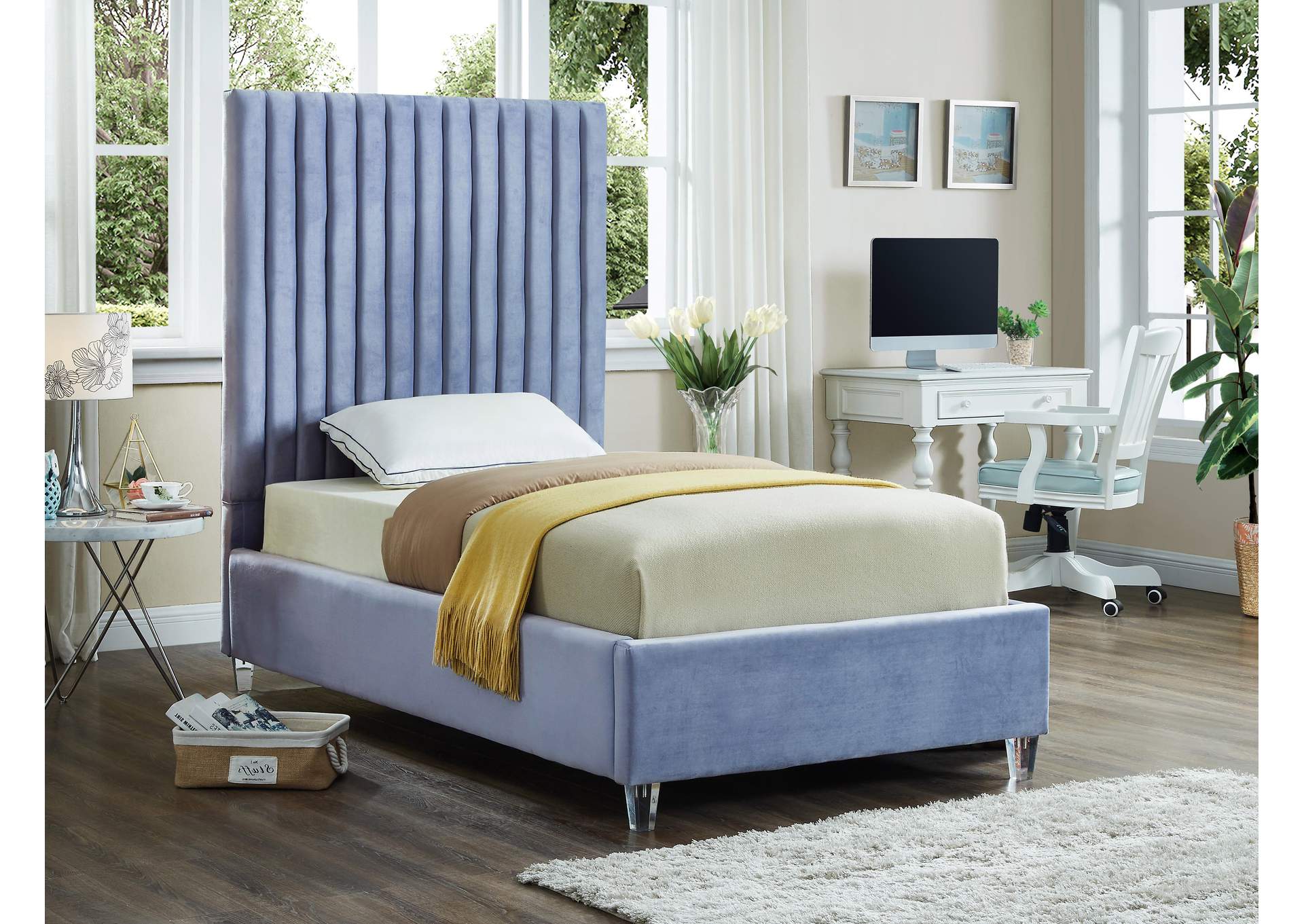 Candace Sky Blue Velvet Twin Bed,Meridian Furniture