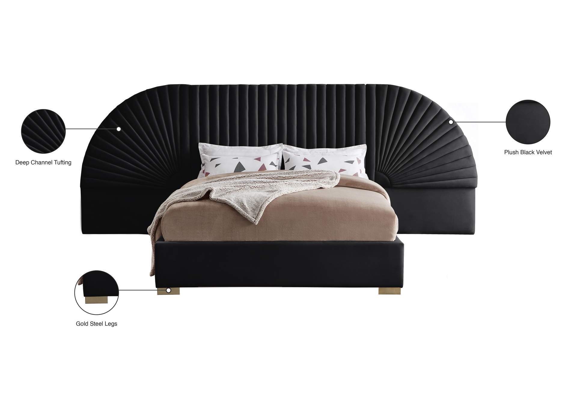 Cleo Black Velvet Queen Bed (3 Boxes),Meridian Furniture