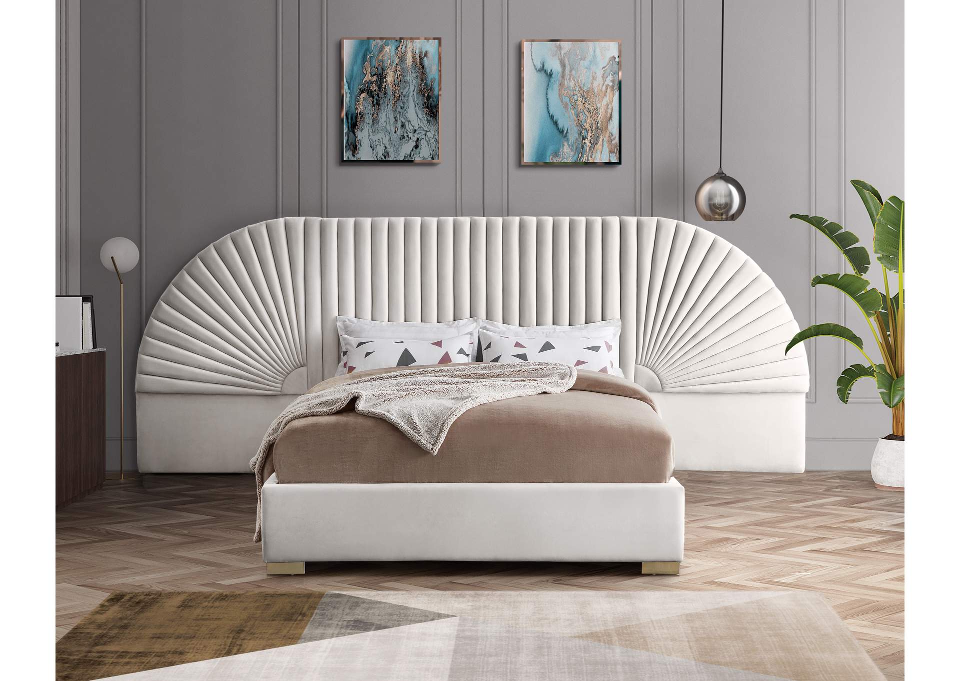 Cleo Cream Velvet King Bed (3 Boxes),Meridian Furniture