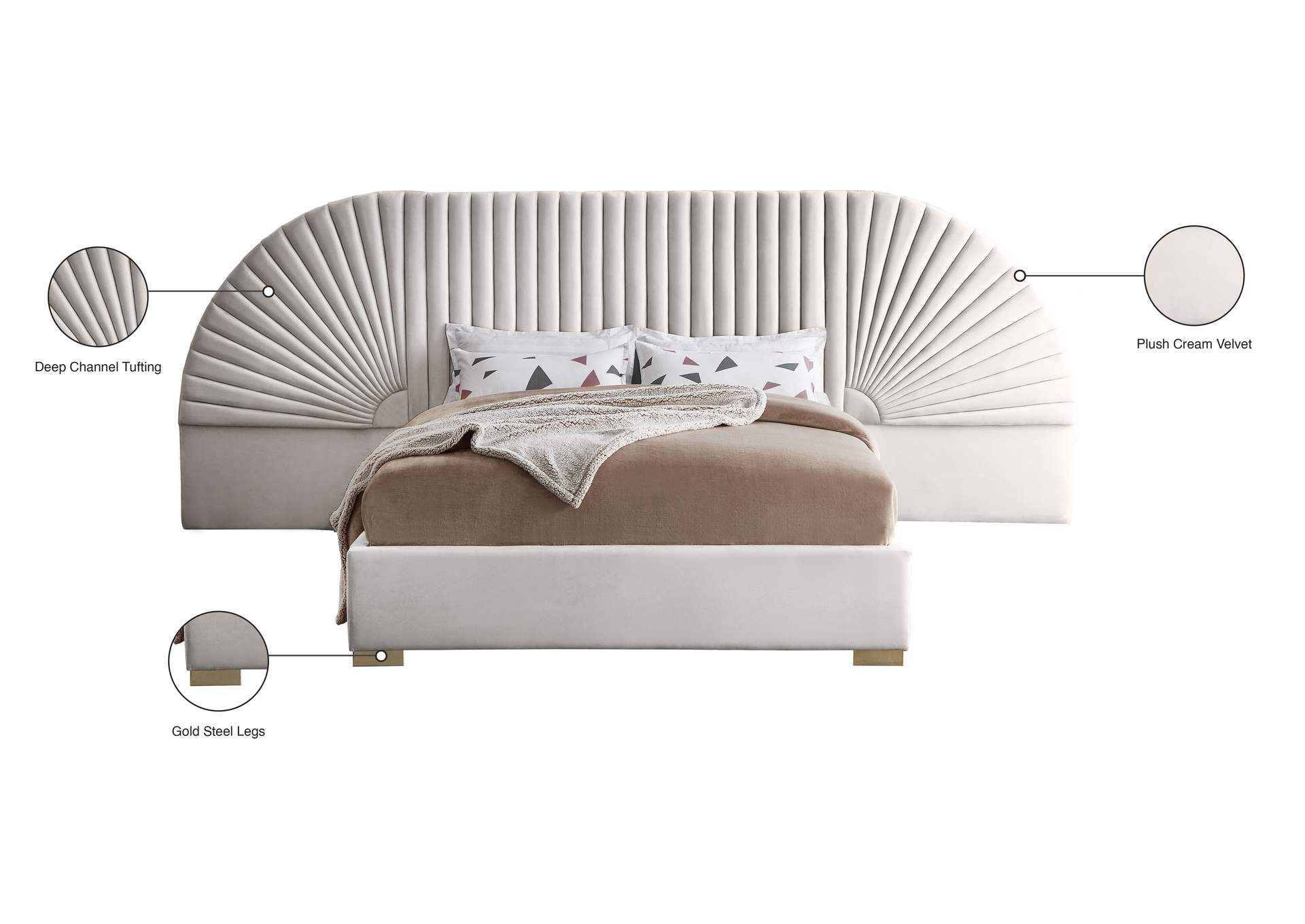 Cleo Cream Velvet Queen Bed (3 Boxes),Meridian Furniture