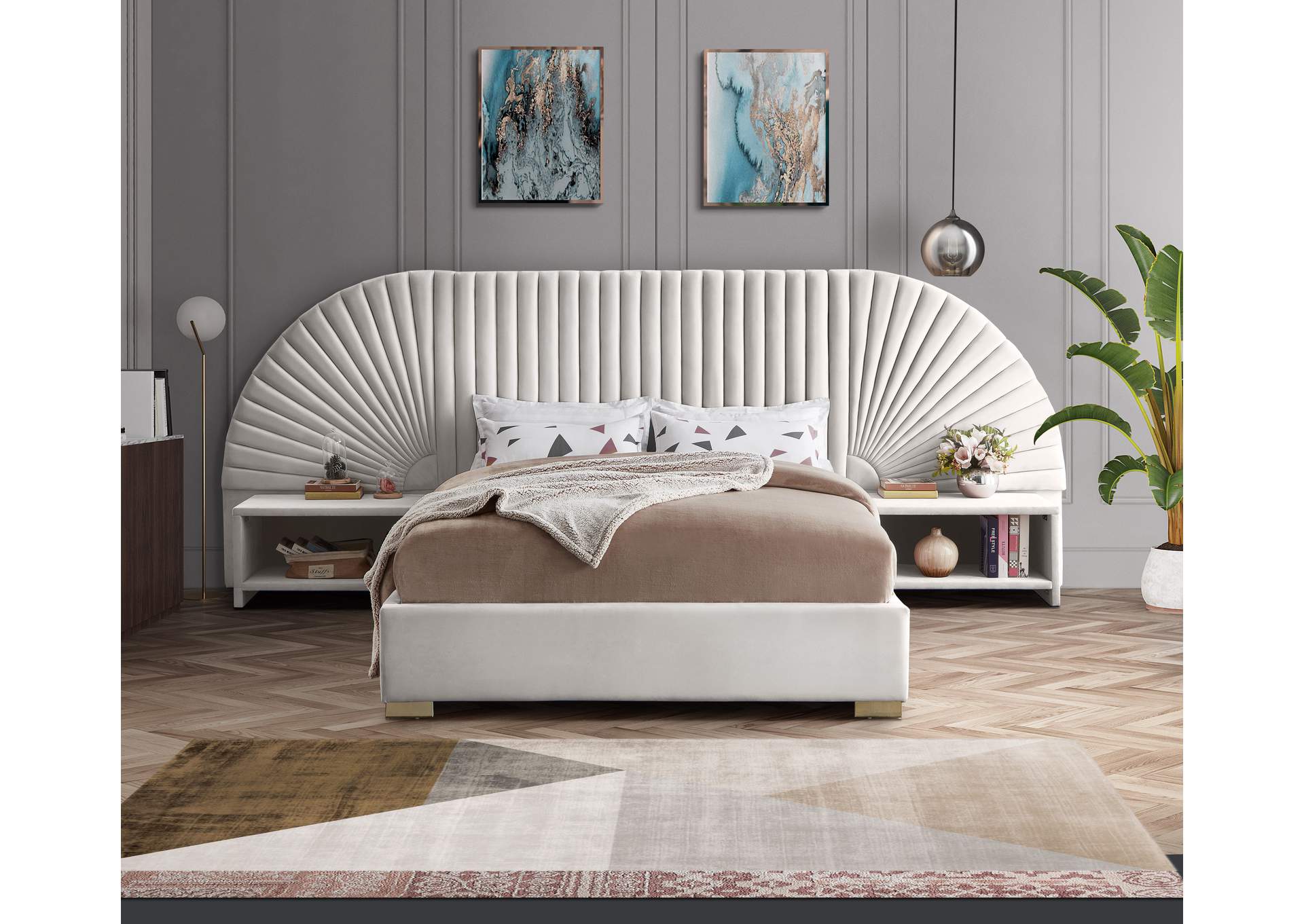 Cleo Cream Velvet Queen Bed (3 Boxes),Meridian Furniture