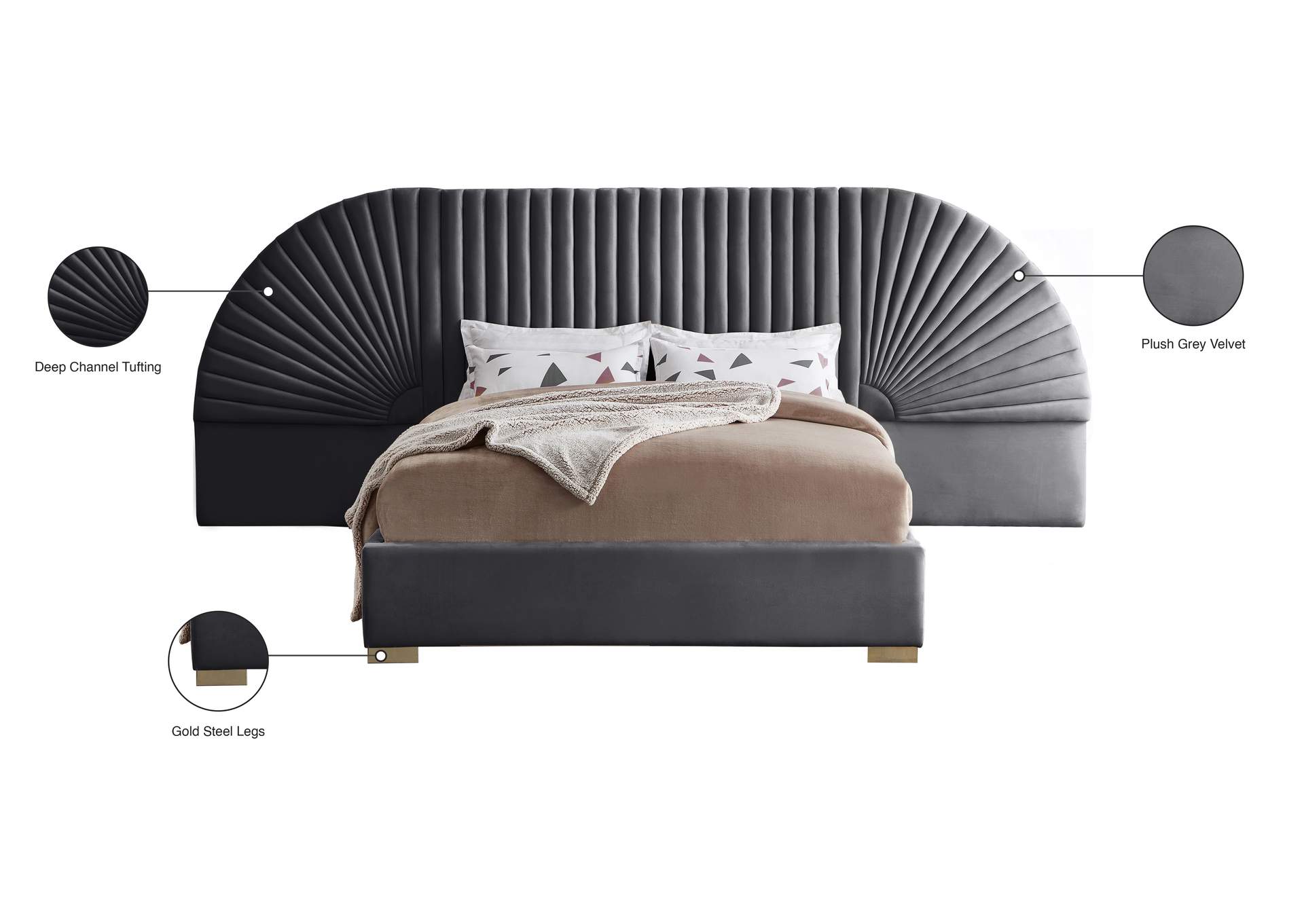 Cleo Grey Velvet Queen Bed (3 Boxes),Meridian Furniture