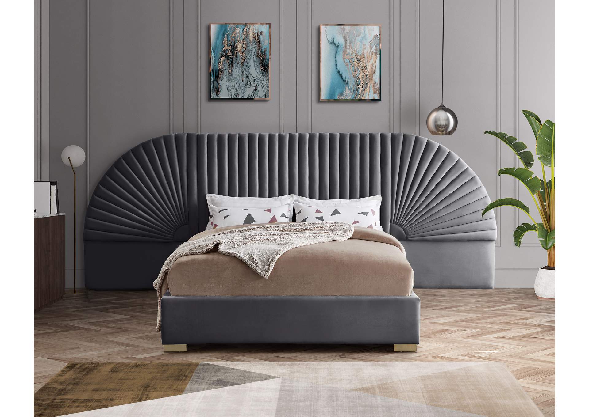 Cleo Grey Velvet Queen Bed (3 Boxes),Meridian Furniture