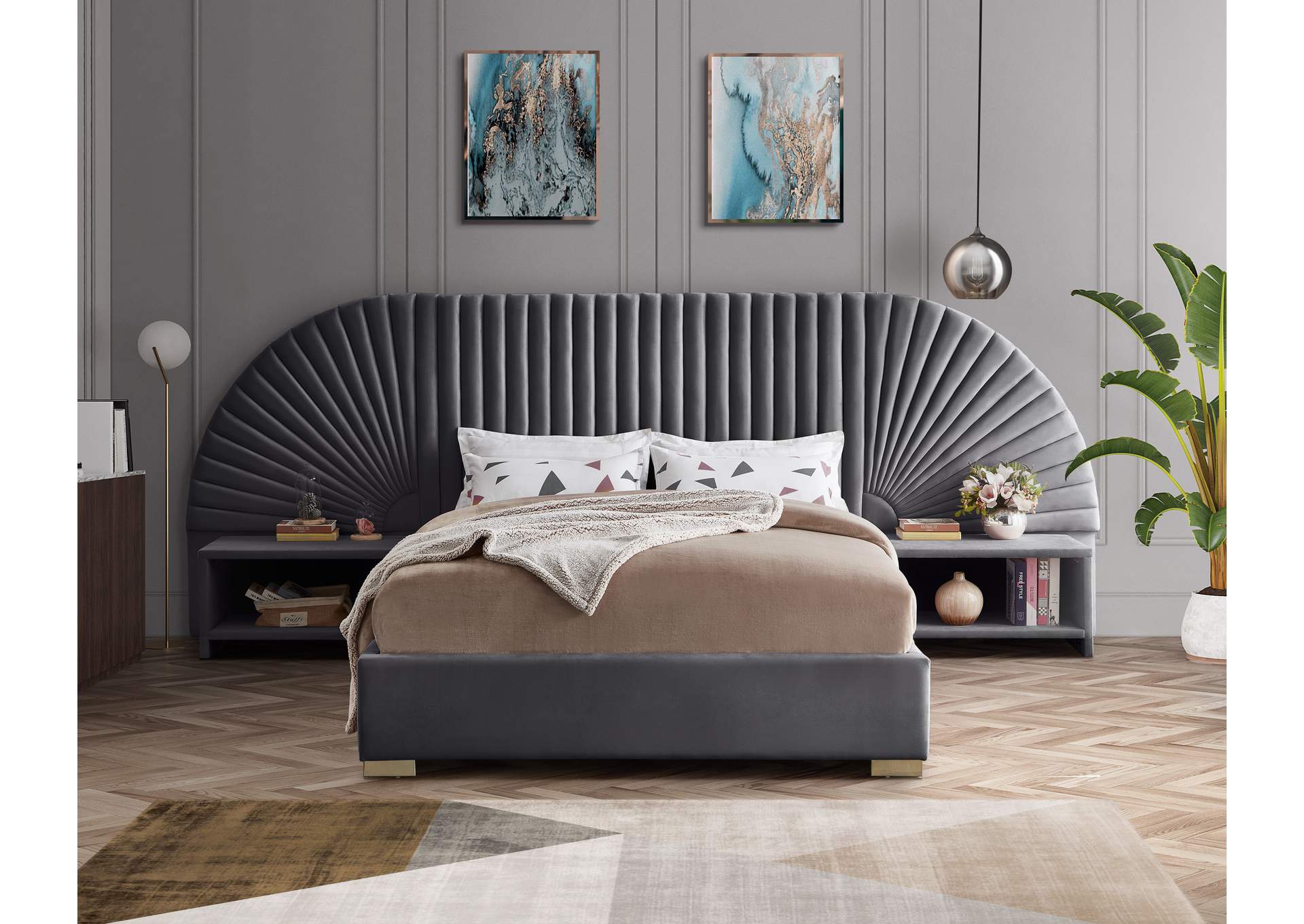 Cleo Grey Velvet Queen Bed (3 Boxes),Meridian Furniture