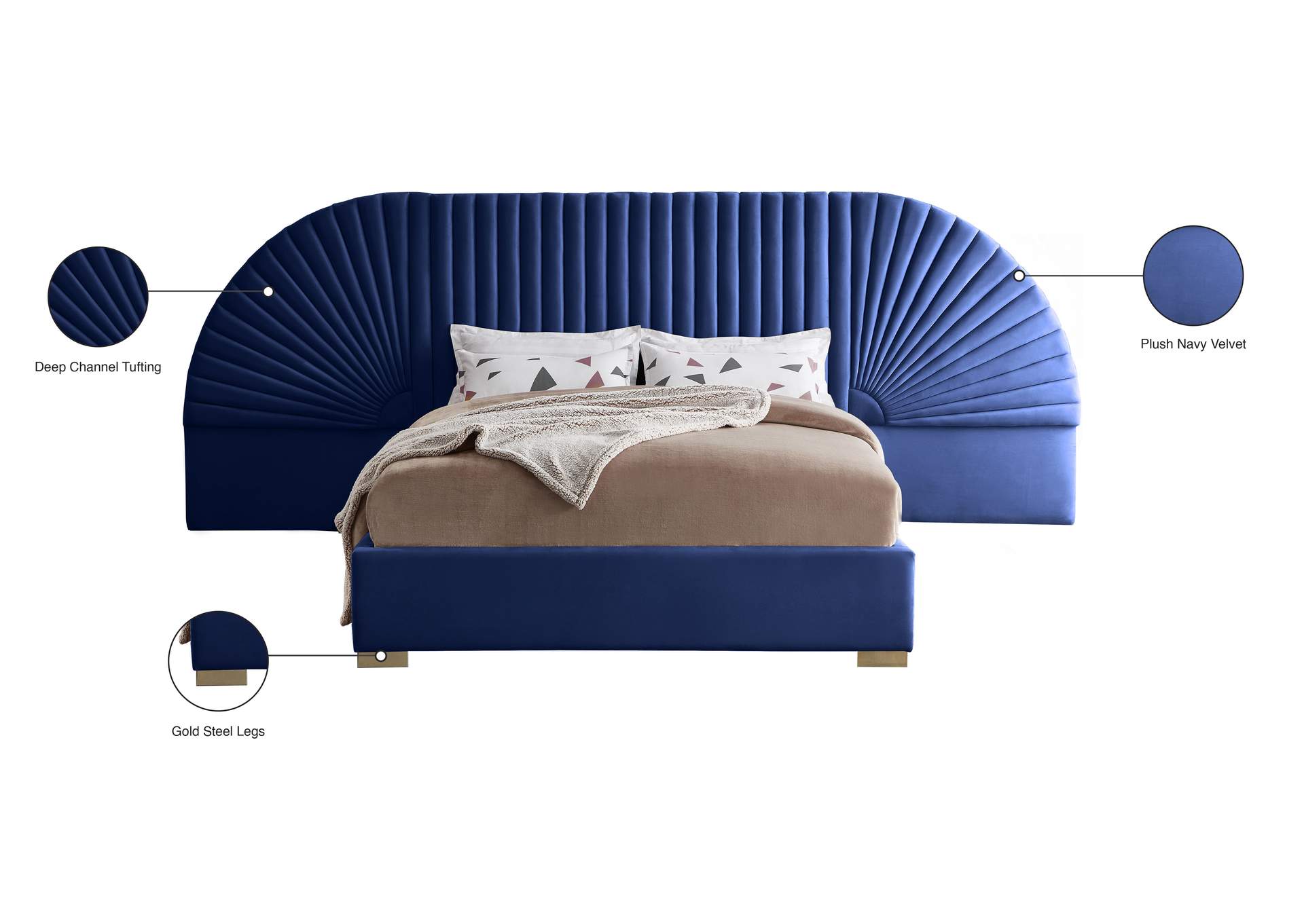 Cleo Navy Velvet Queen Bed (3 Boxes),Meridian Furniture