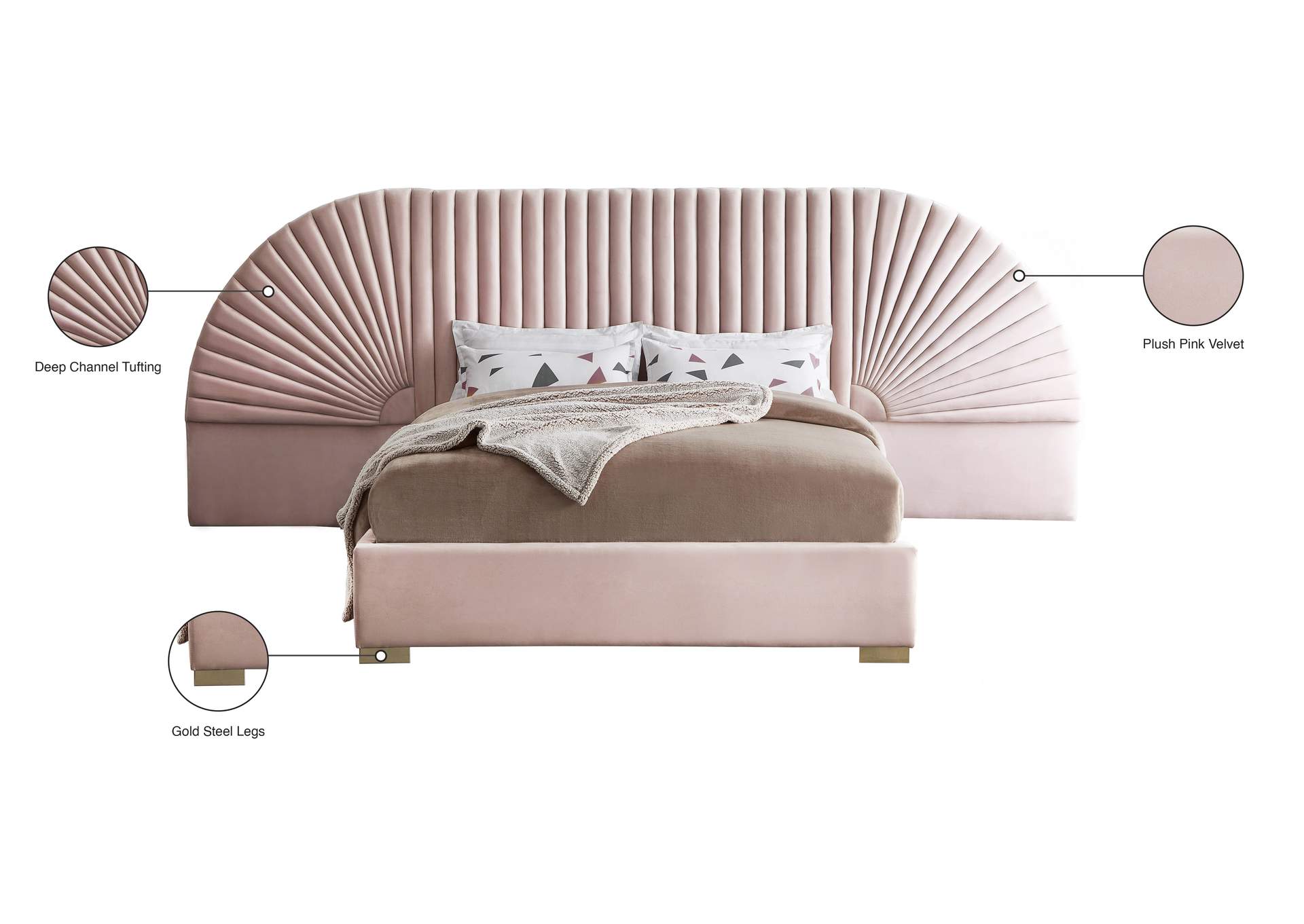 Cleo Pink Velvet Queen Bed (3 Boxes),Meridian Furniture