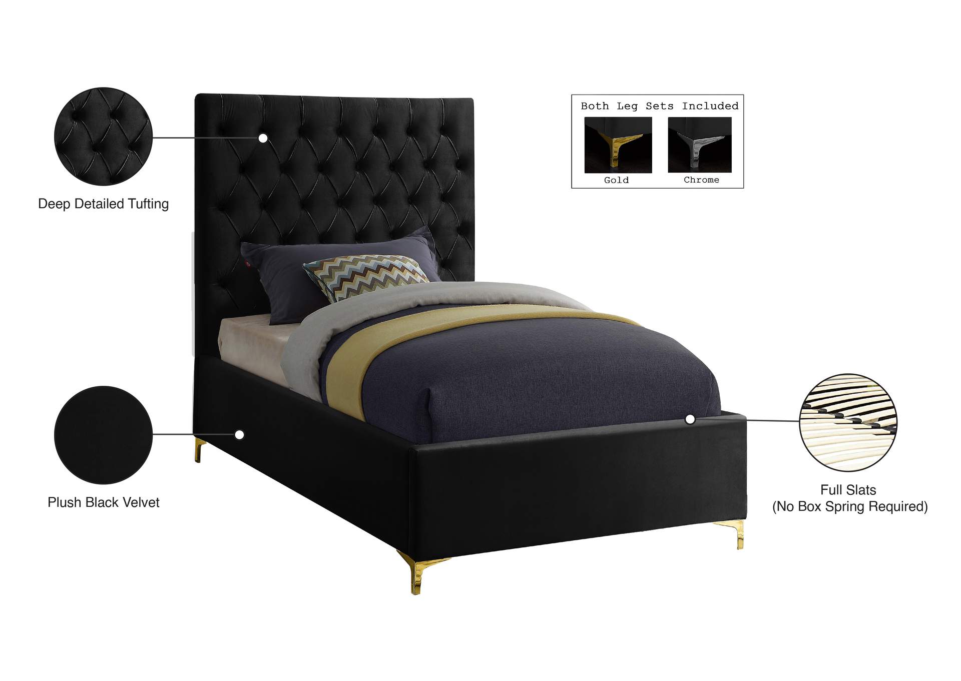 Cruz Black Velvet Twin Bed,Meridian Furniture