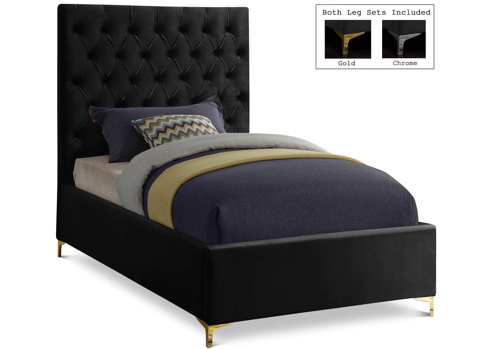 Cruz Black Velvet Twin Bed,Meridian Furniture