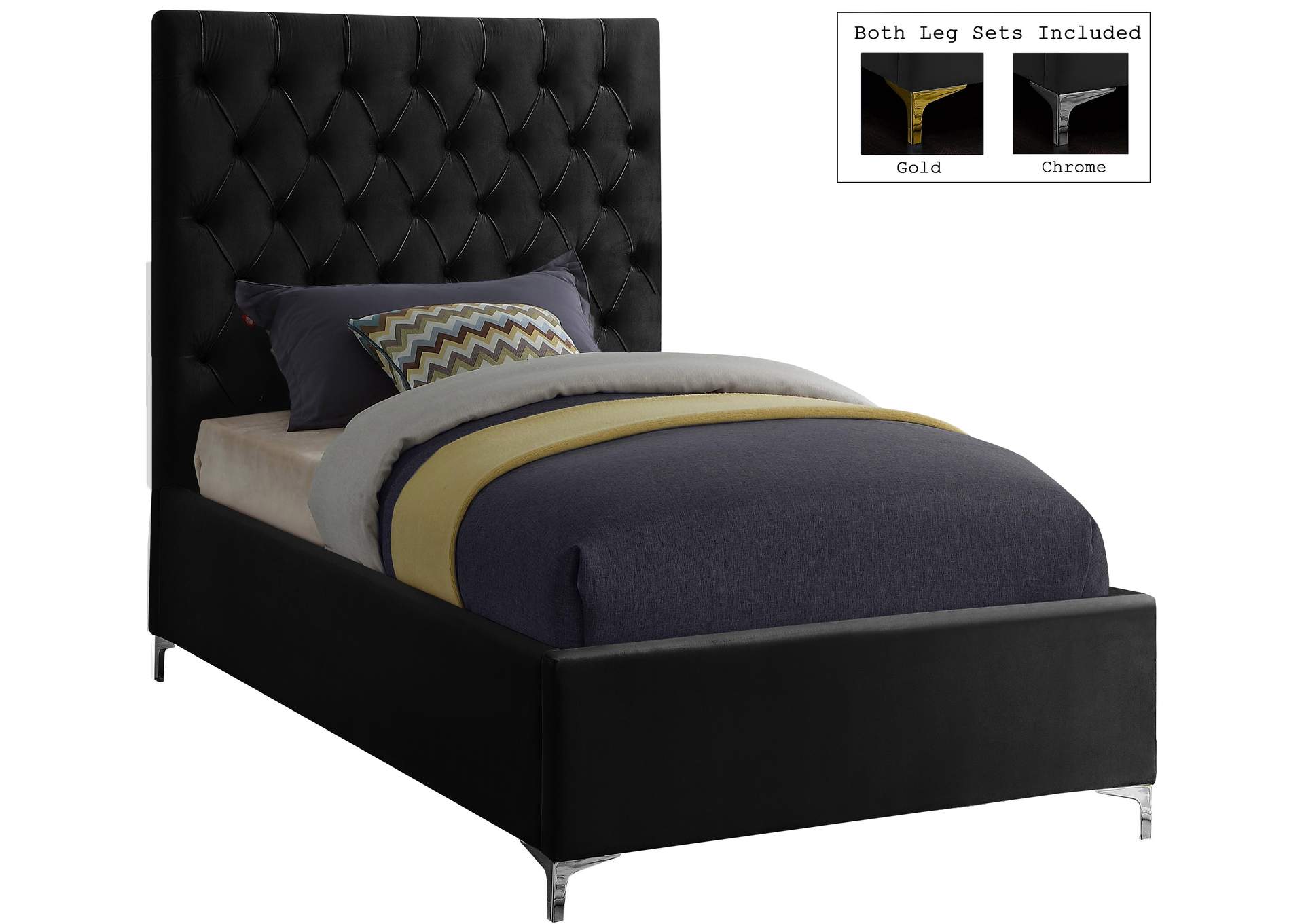 Cruz Black Velvet Twin Bed,Meridian Furniture