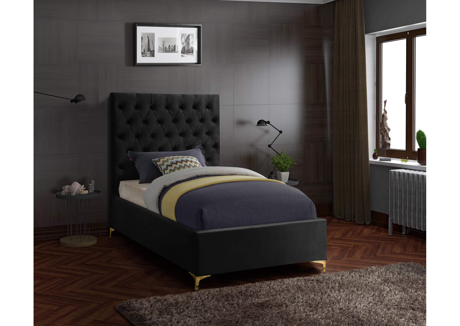 Cruz Black Velvet Twin Bed,Meridian Furniture