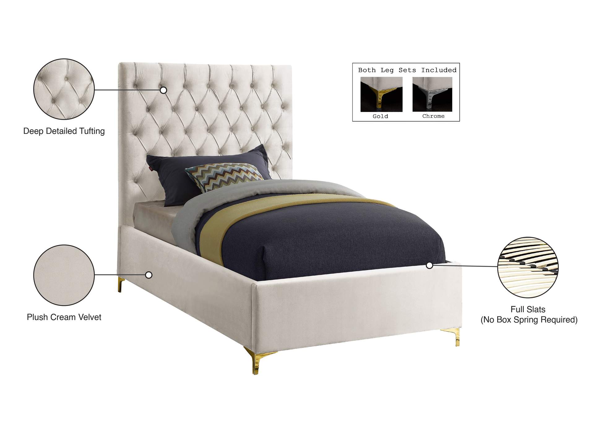 Cruz Cream Velvet Twin Bed,Meridian Furniture