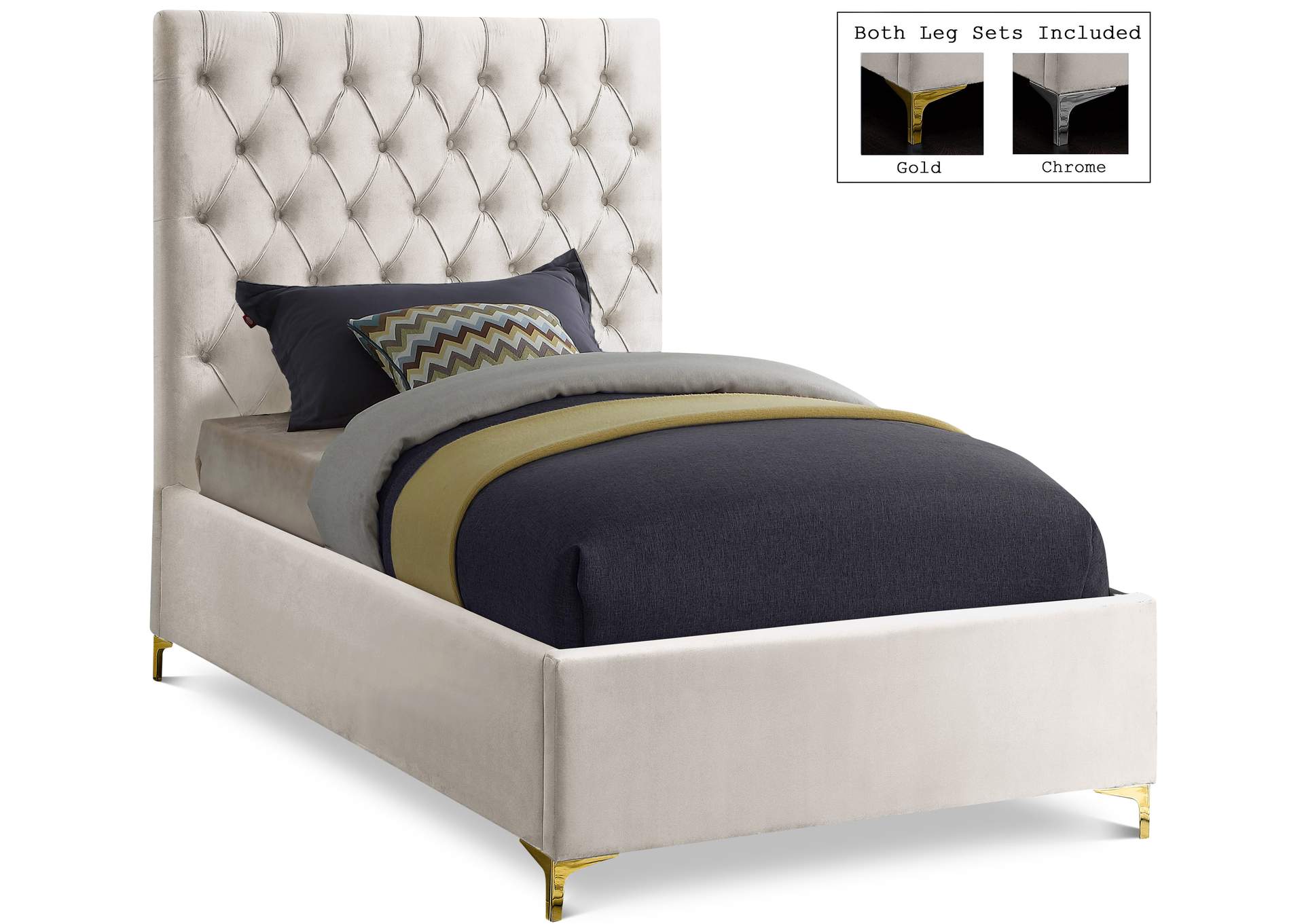 Cruz Cream Velvet Twin Bed,Meridian Furniture