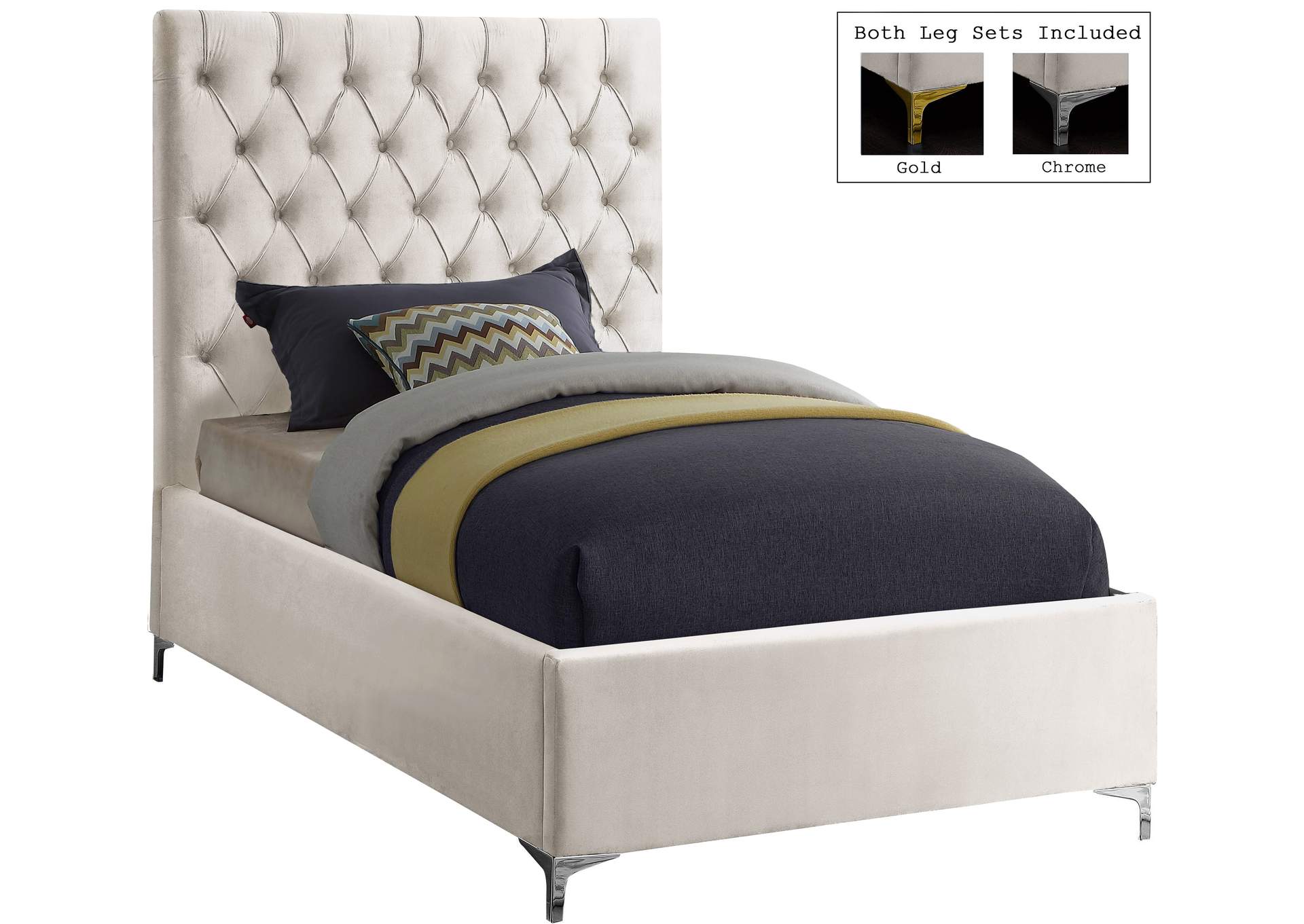 Cruz Cream Velvet Twin Bed,Meridian Furniture