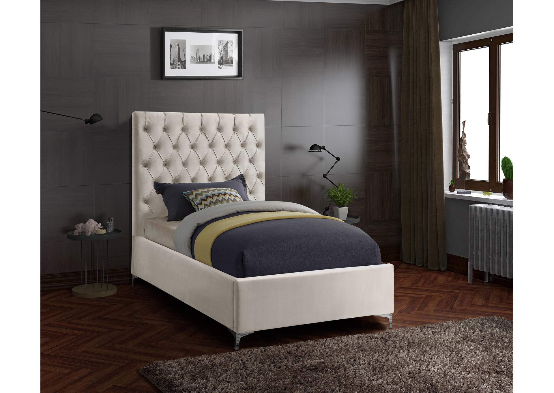 Cruz Cream Velvet Twin Bed,Meridian Furniture