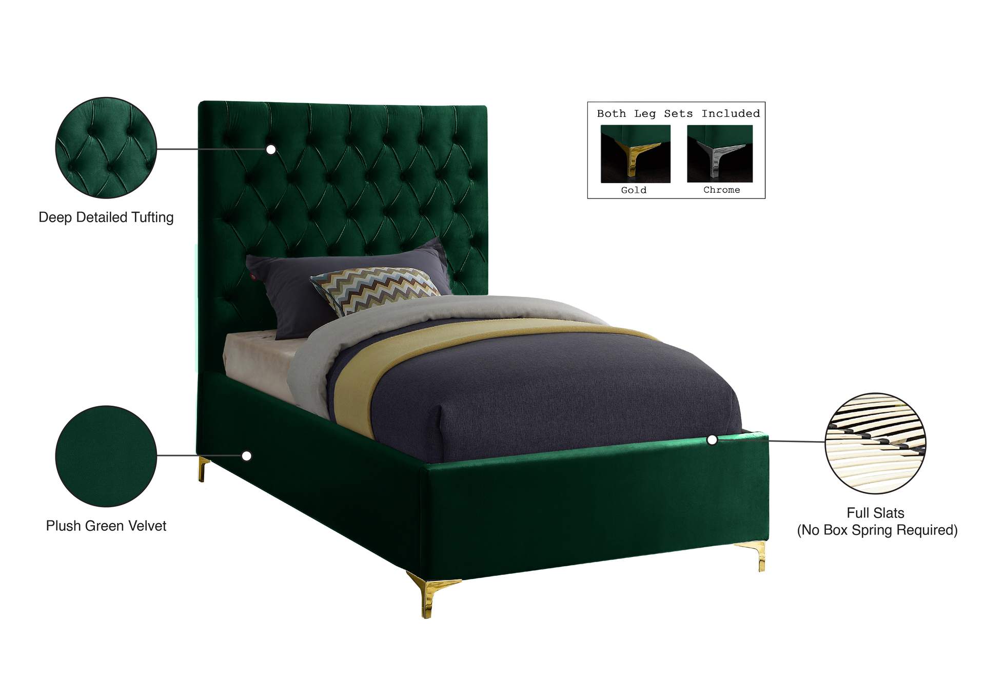 Cruz Green Velvet Twin Bed,Meridian Furniture