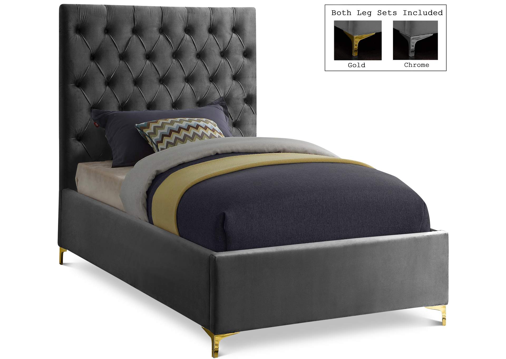 Cruz Grey Velvet Twin Bed,Meridian Furniture