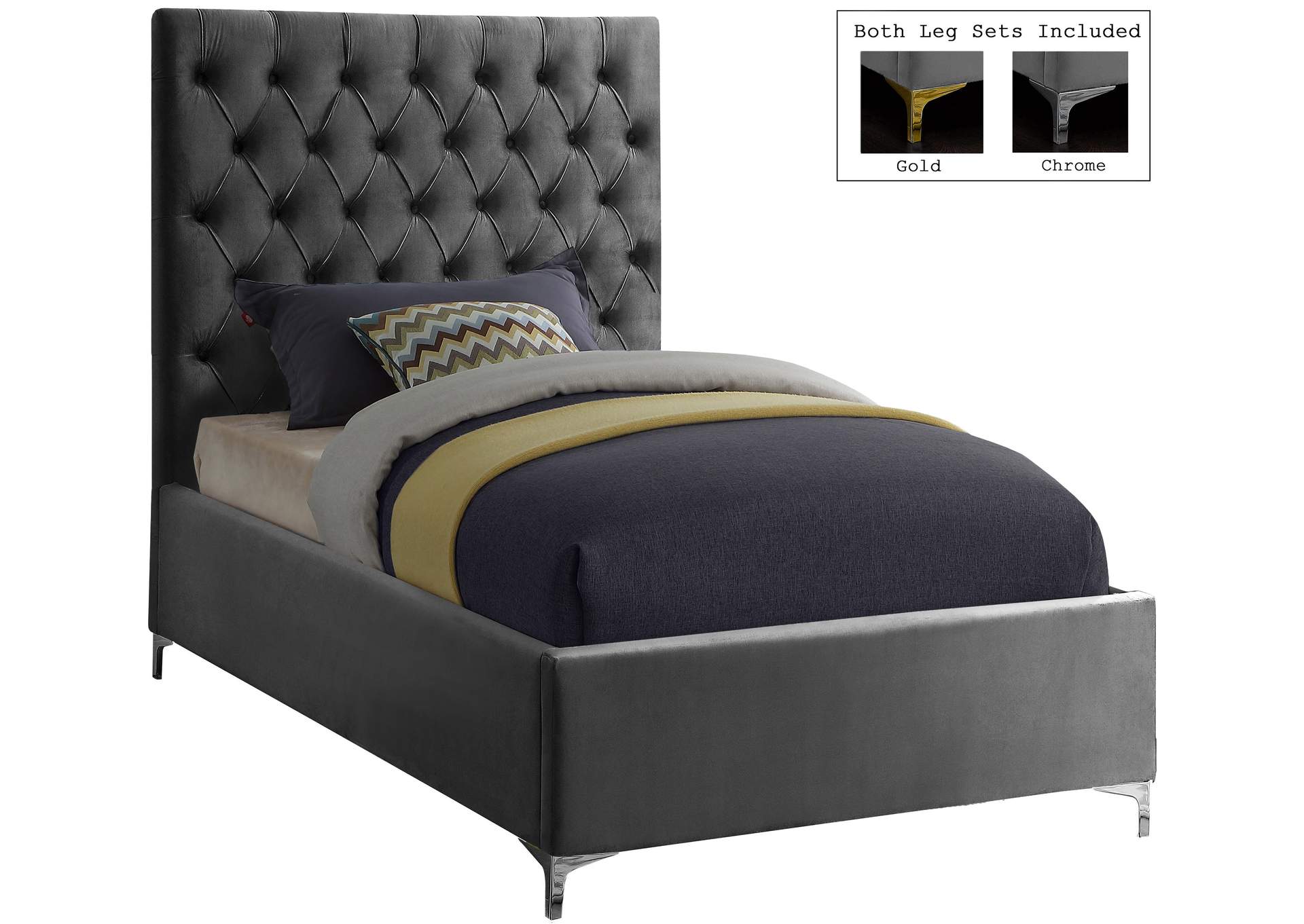 Cruz Grey Velvet Twin Bed,Meridian Furniture