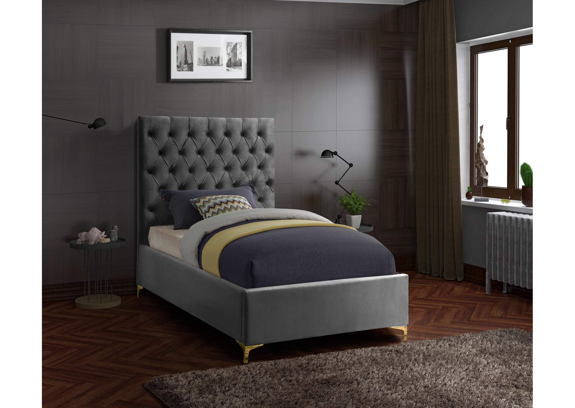 Cruz Grey Velvet Twin Bed,Meridian Furniture