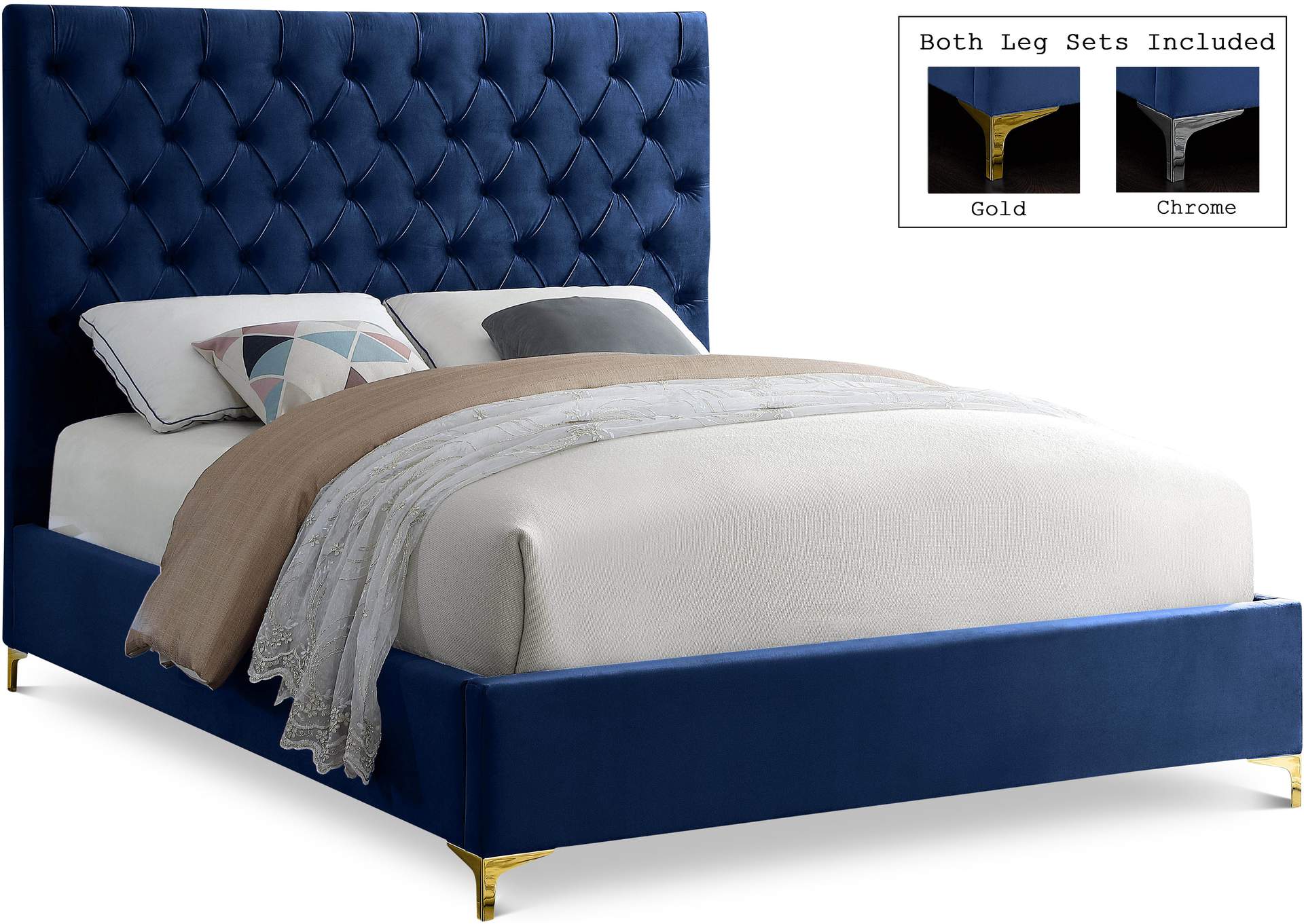 Cruz Navy Velvet Queen Bed,Meridian Furniture