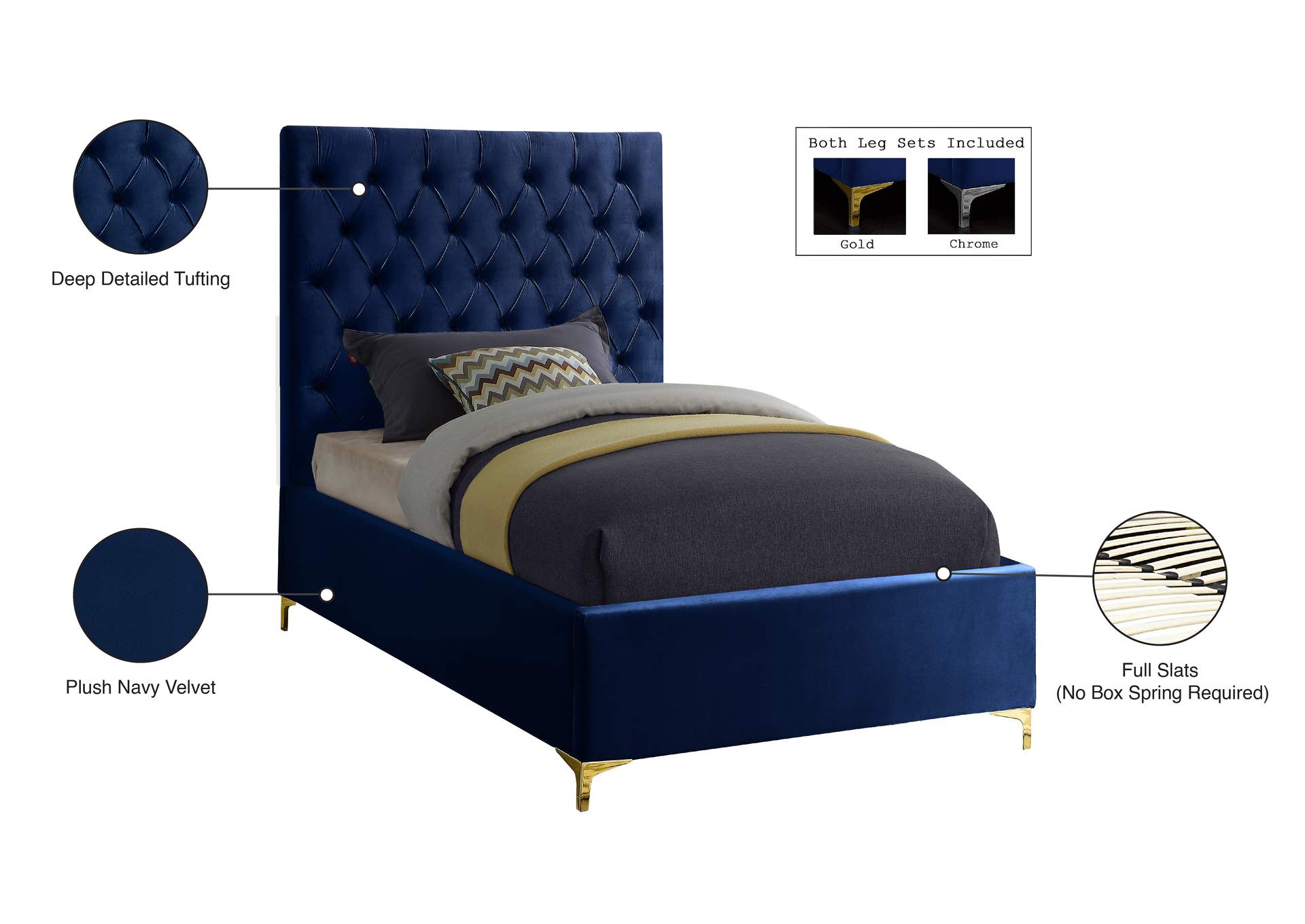 Cruz Navy Velvet Twin Bed,Meridian Furniture