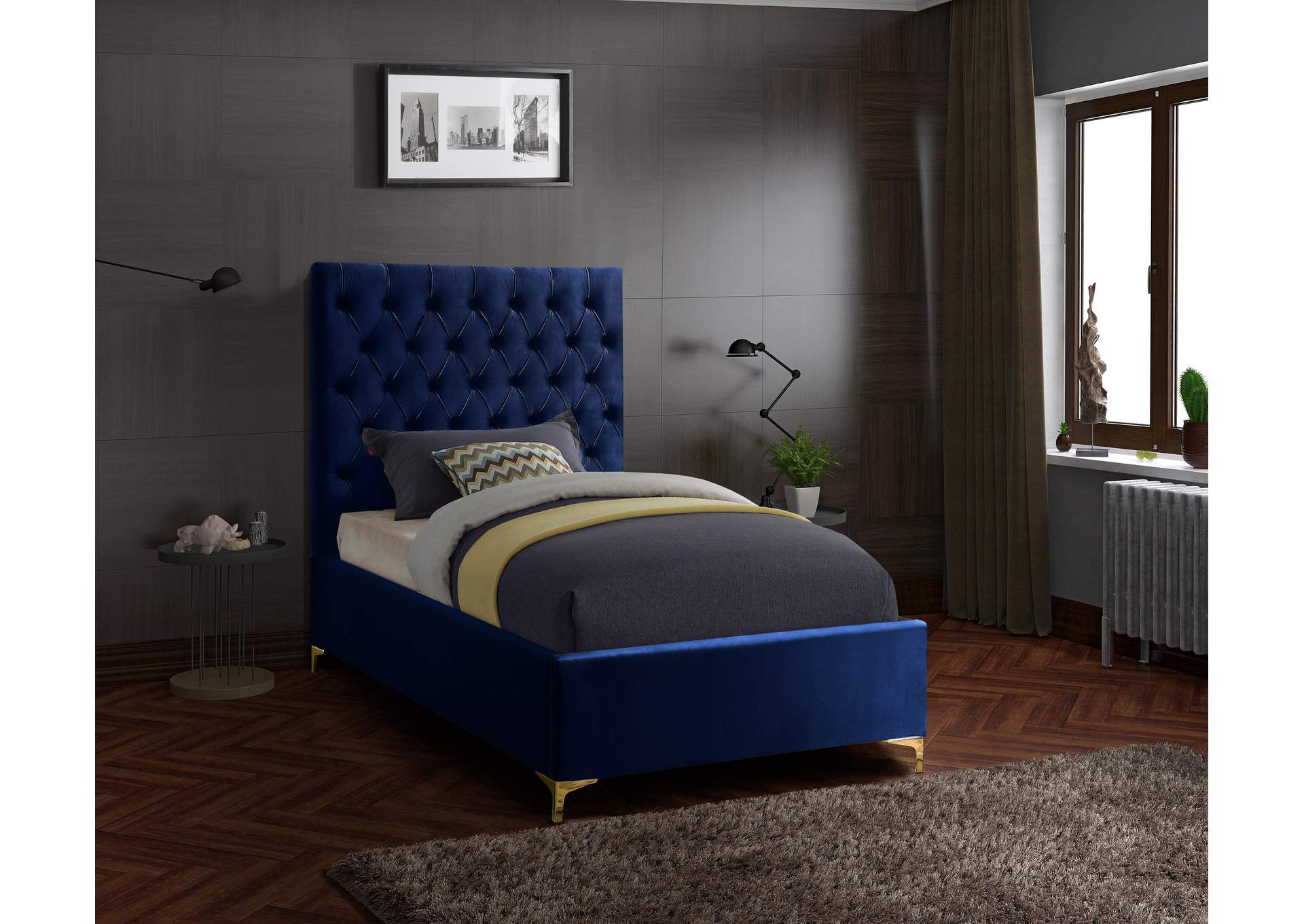 Cruz Navy Velvet Twin Bed,Meridian Furniture