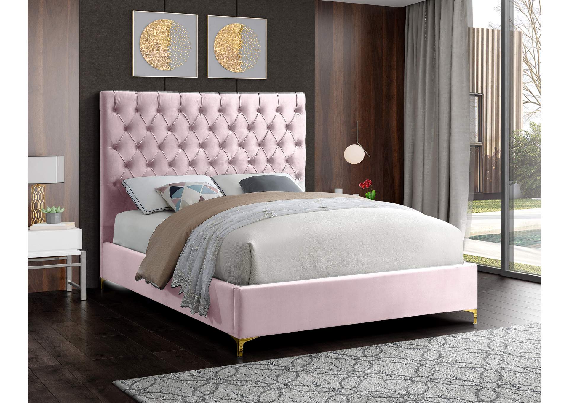 Cruz Pink Velvet Queen Bed,Meridian Furniture