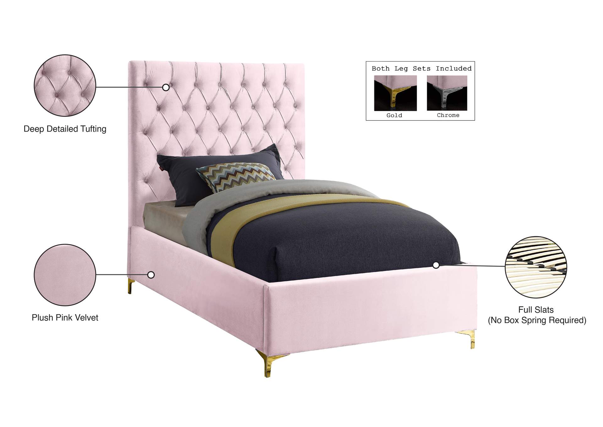 Cruz Pink Velvet Twin Bed,Meridian Furniture