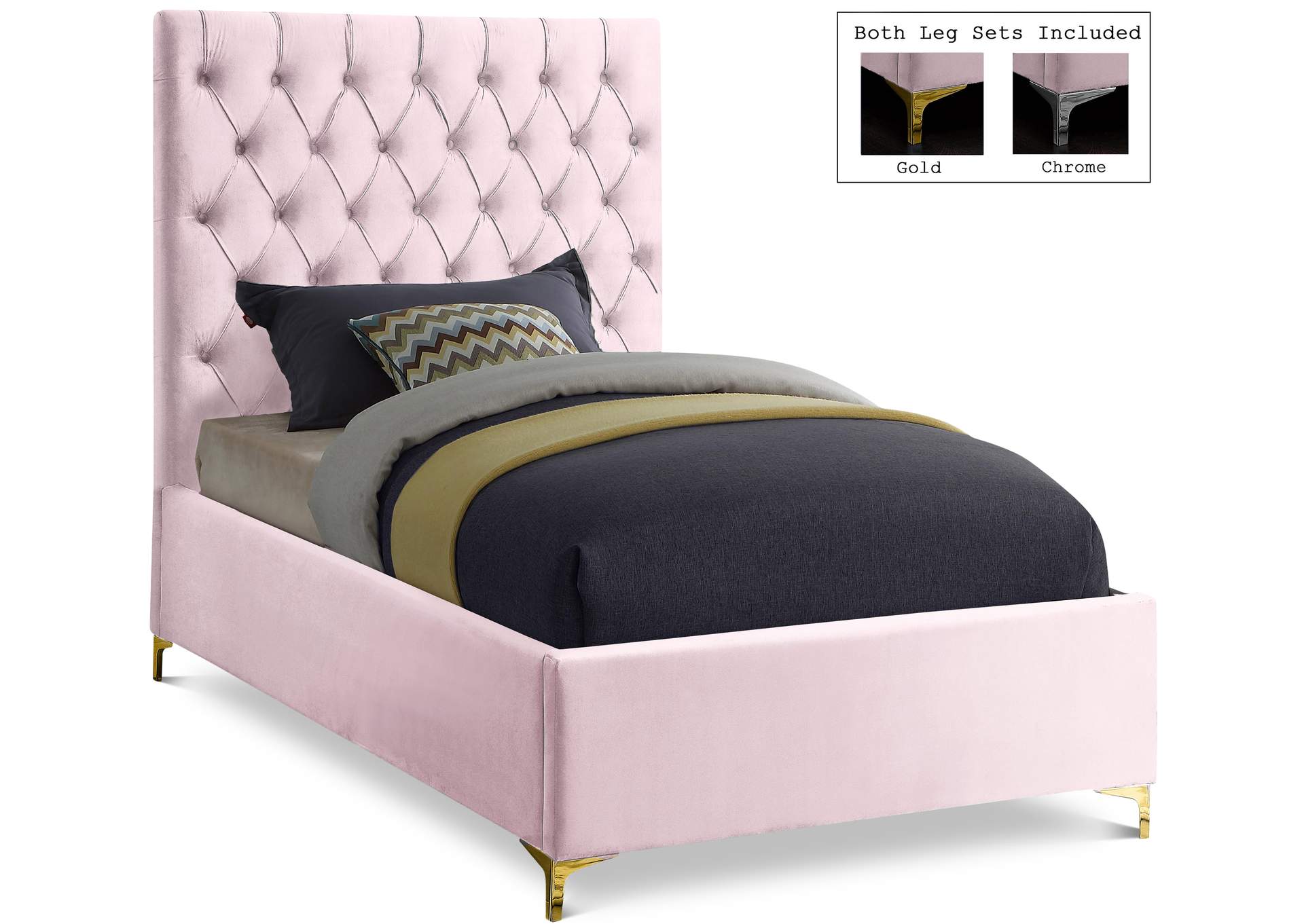 Cruz Pink Velvet Twin Bed,Meridian Furniture