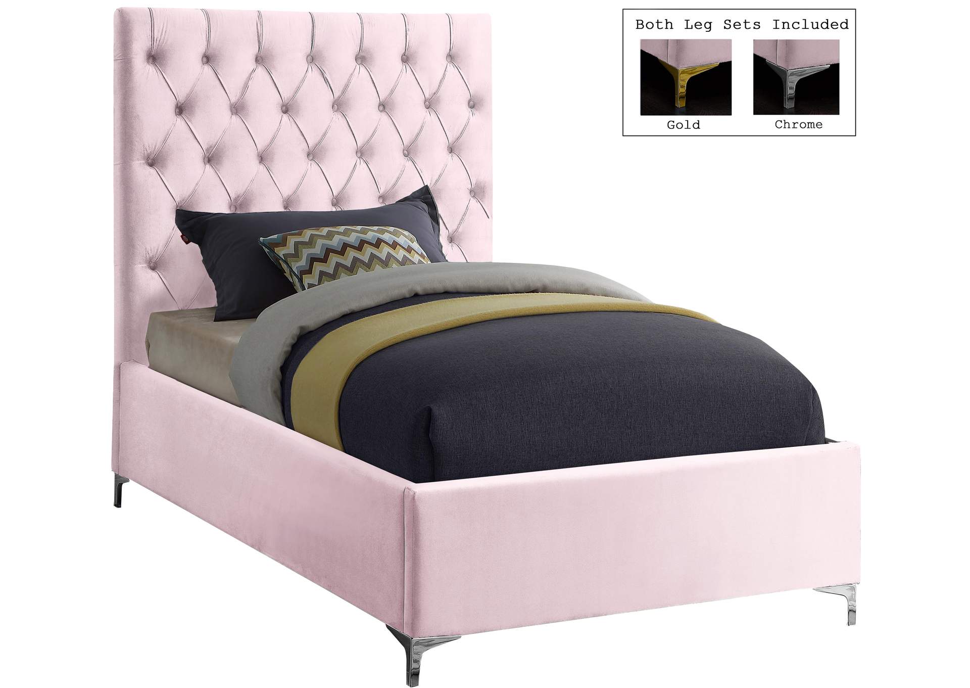 Cruz Pink Velvet Twin Bed,Meridian Furniture