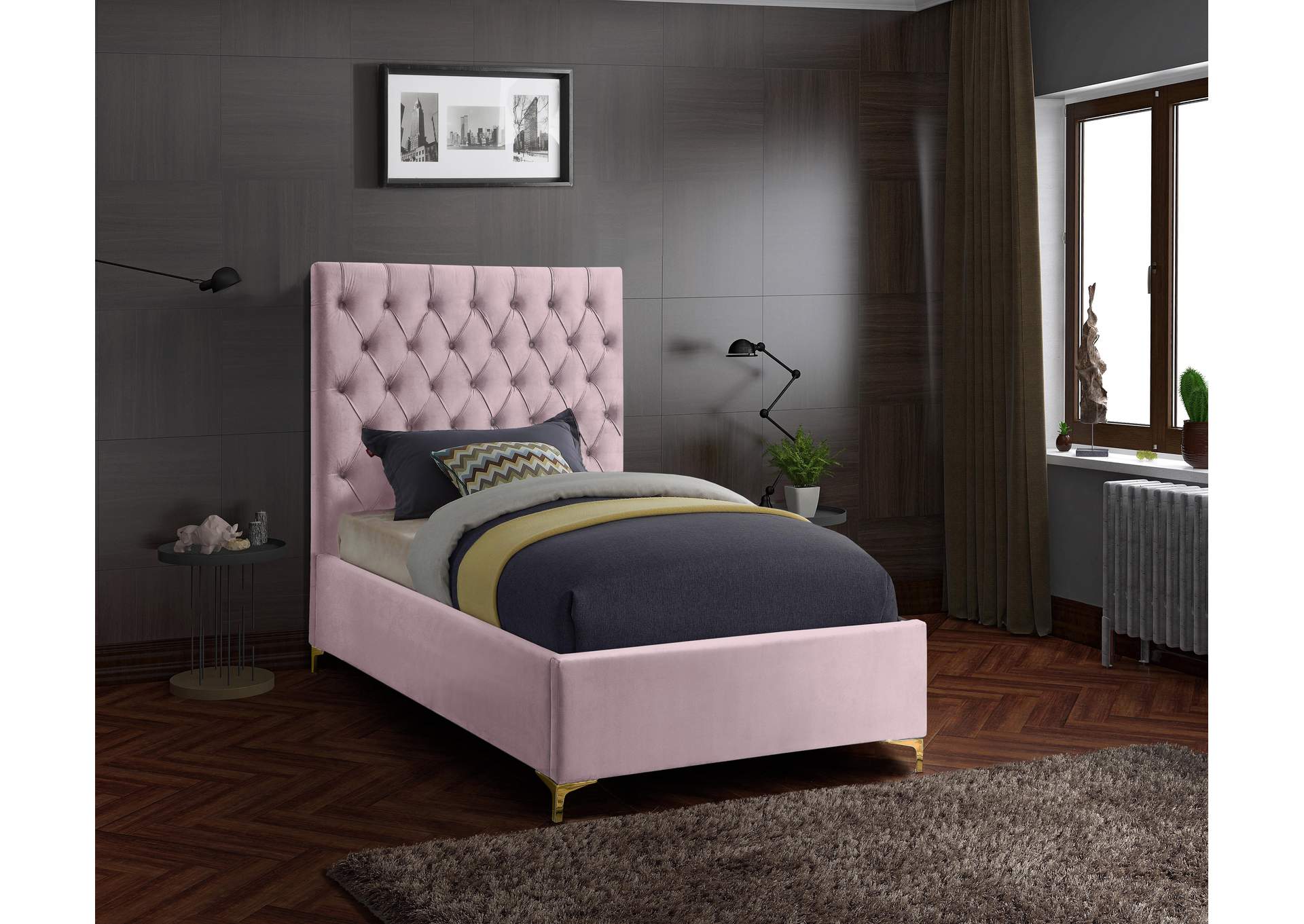 Cruz Pink Velvet Twin Bed,Meridian Furniture