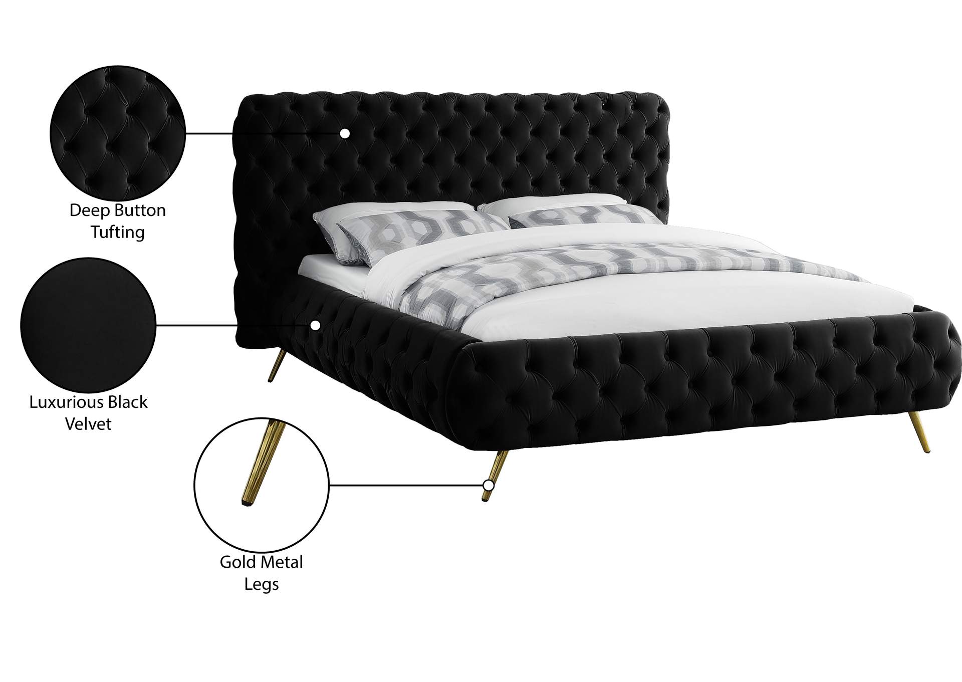 Delano Black Velvet King Bed,Meridian Furniture