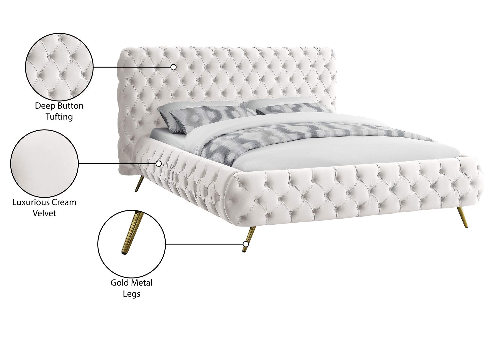 Delano Cream Velvet King Bed,Meridian Furniture