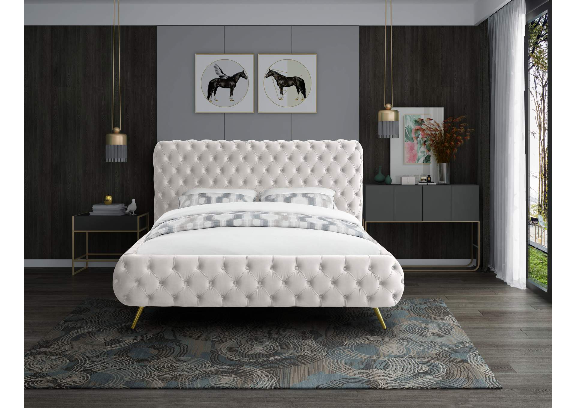 Delano Cream Velvet Queen Bed,Meridian Furniture