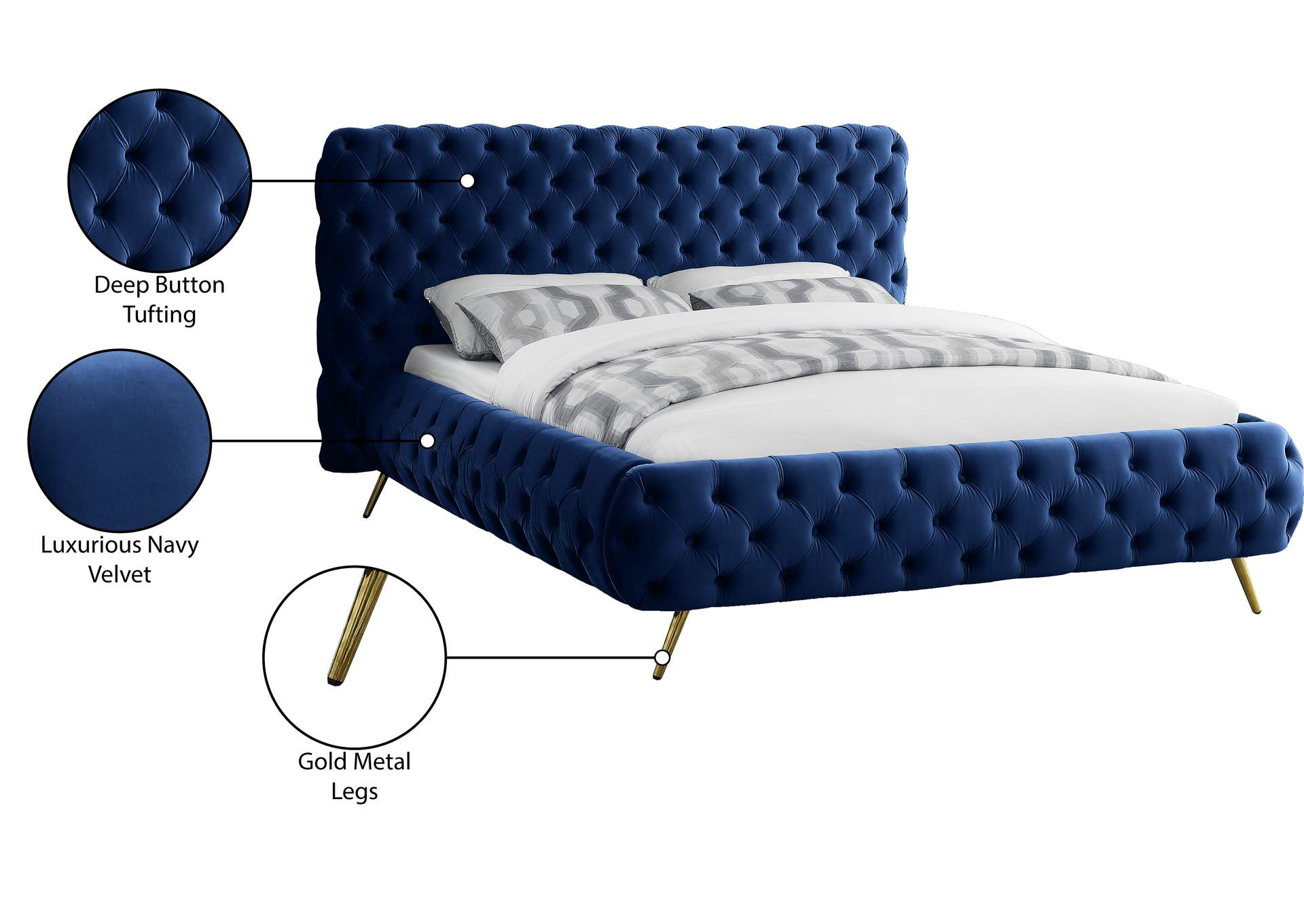 Delano Navy Velvet King Bed,Meridian Furniture