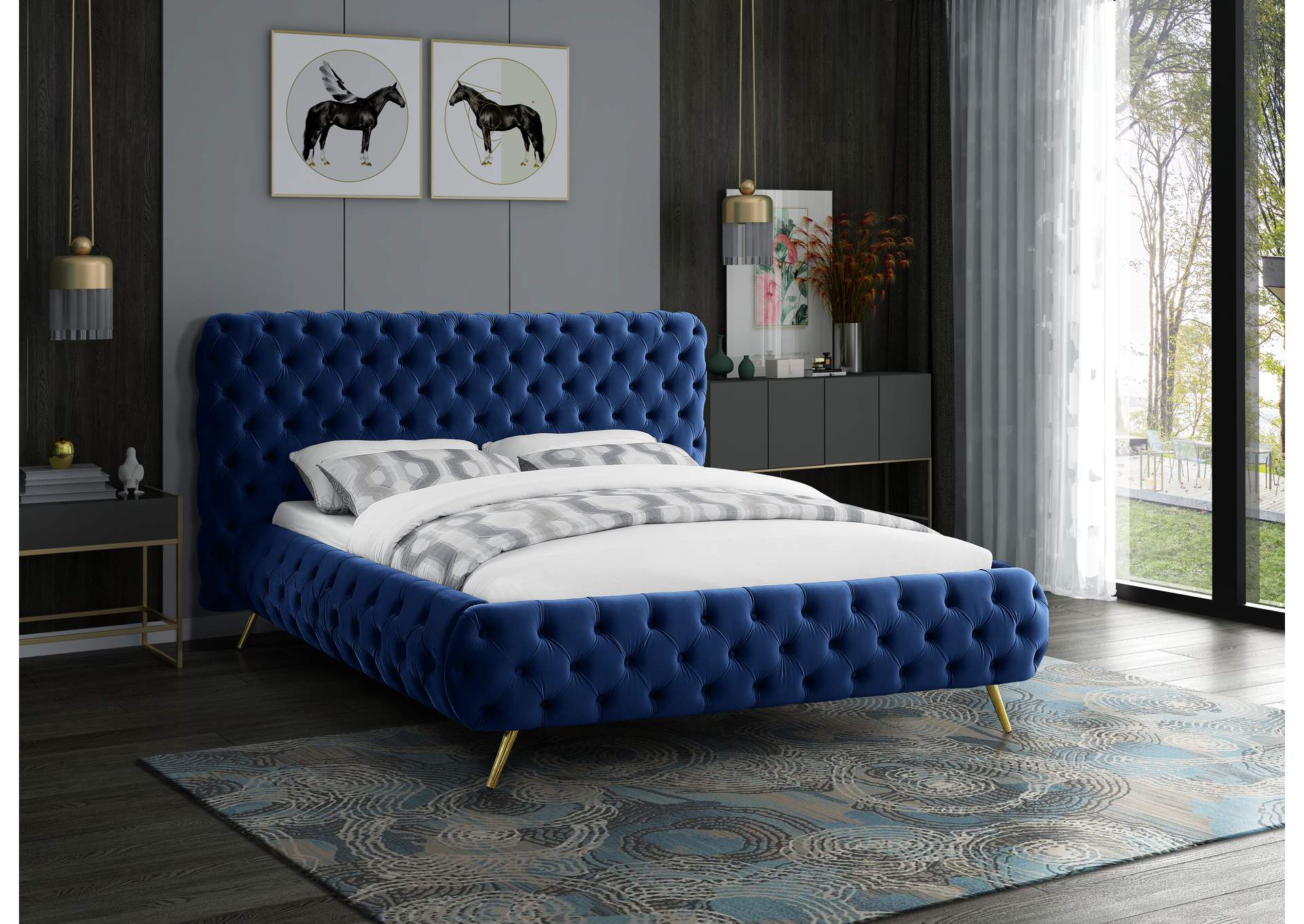 Delano Navy Velvet King Bed,Meridian Furniture