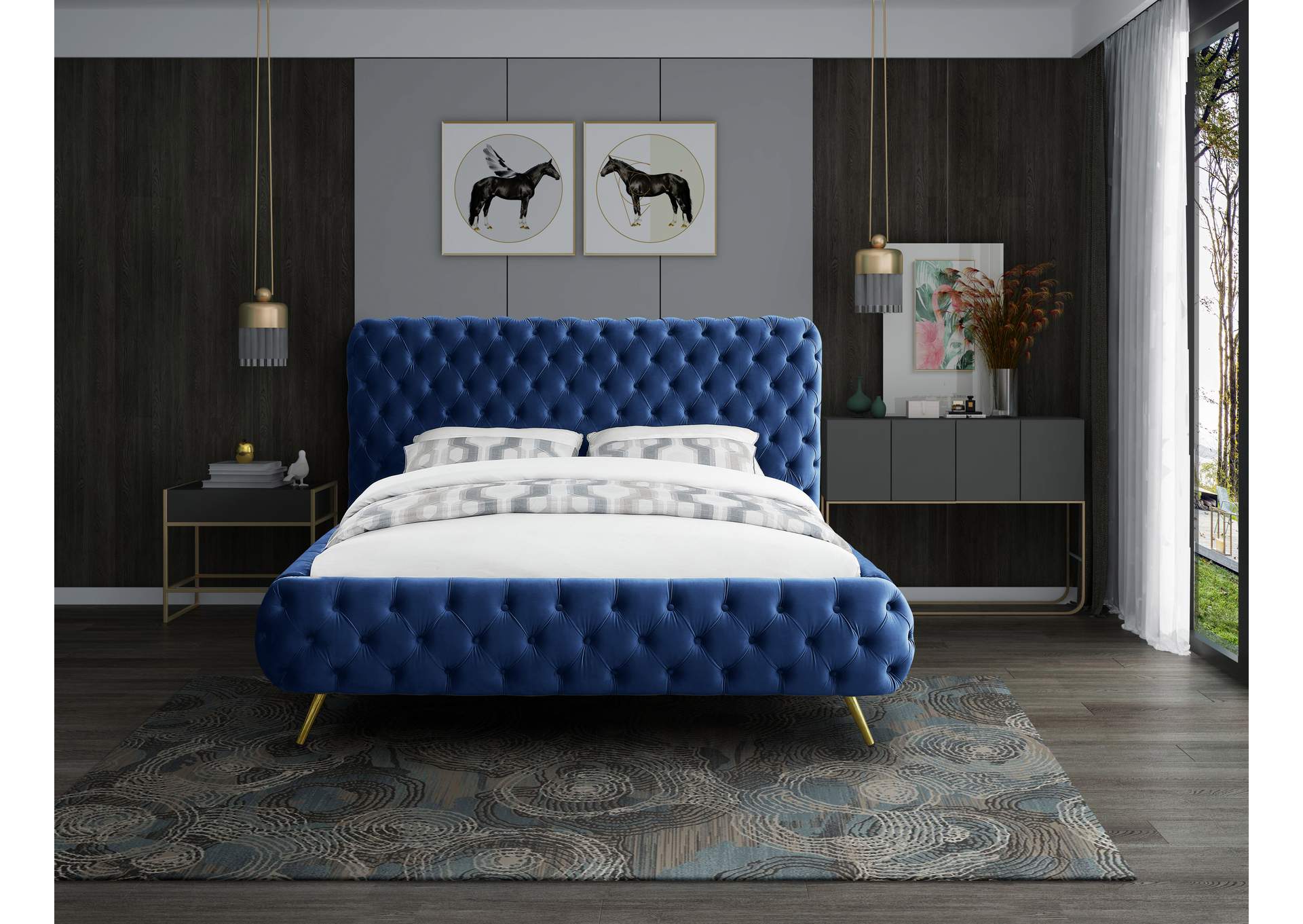 Delano Navy Velvet King Bed,Meridian Furniture