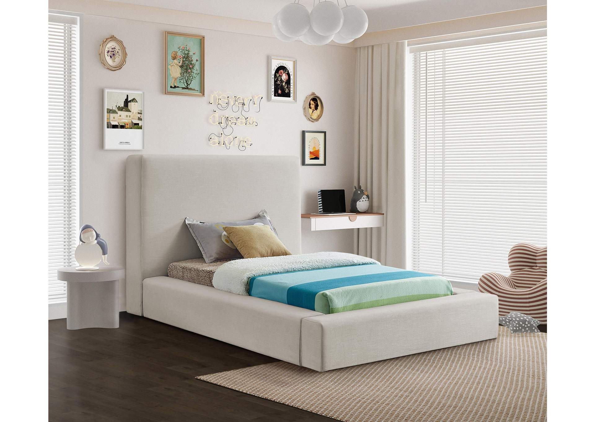 Devin Beige Linen Textured Fabric Twin Bed,Meridian Furniture