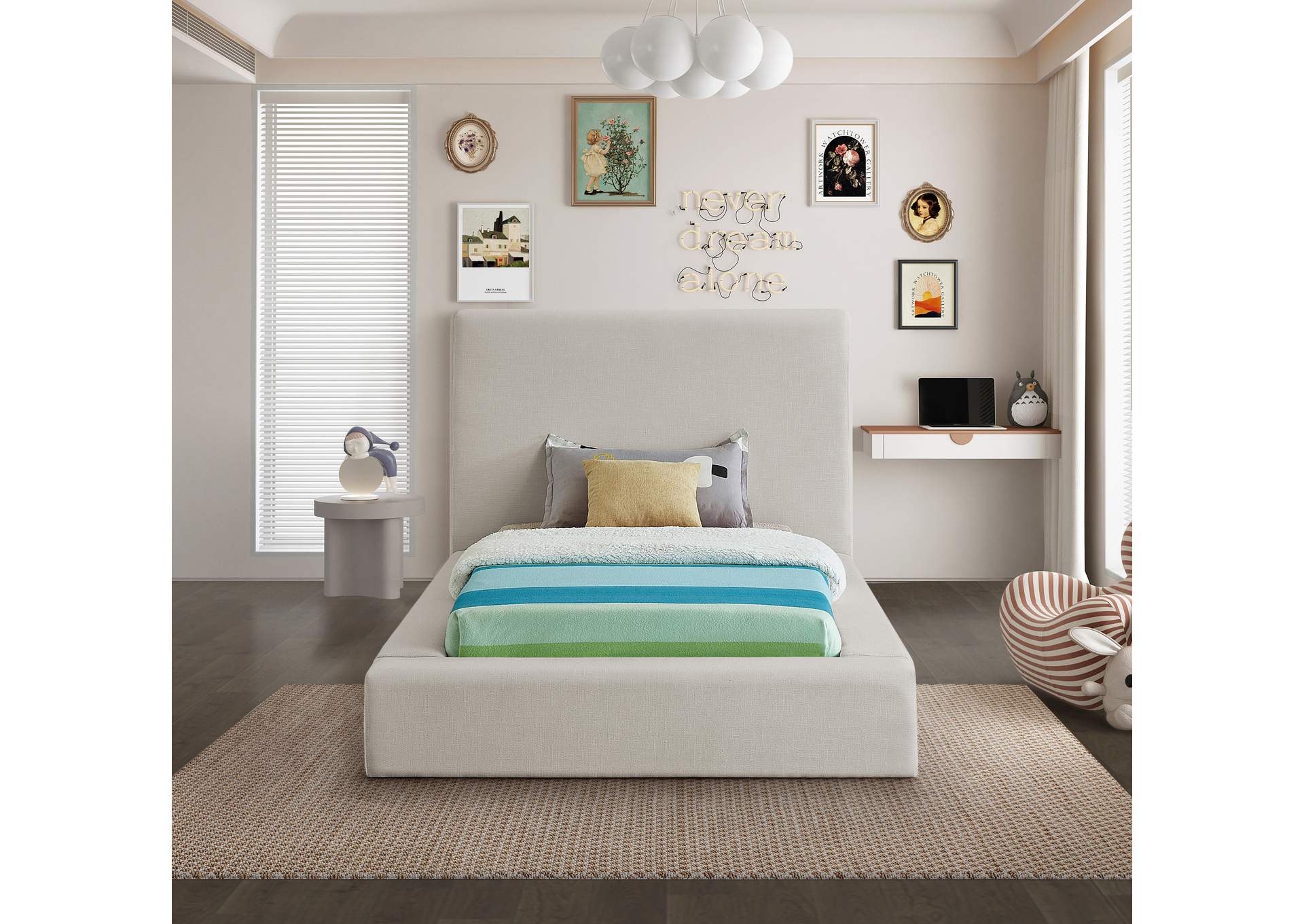 Devin Beige Linen Textured Fabric Twin Bed,Meridian Furniture