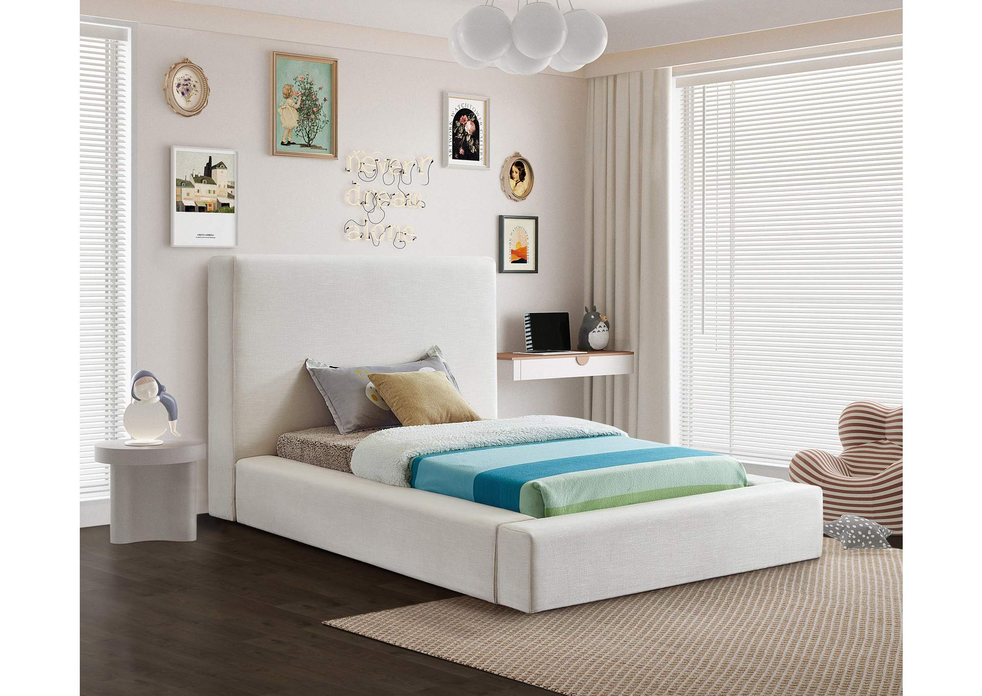 Devin Cream Linen Textured Fabric Twin Bed,Meridian Furniture