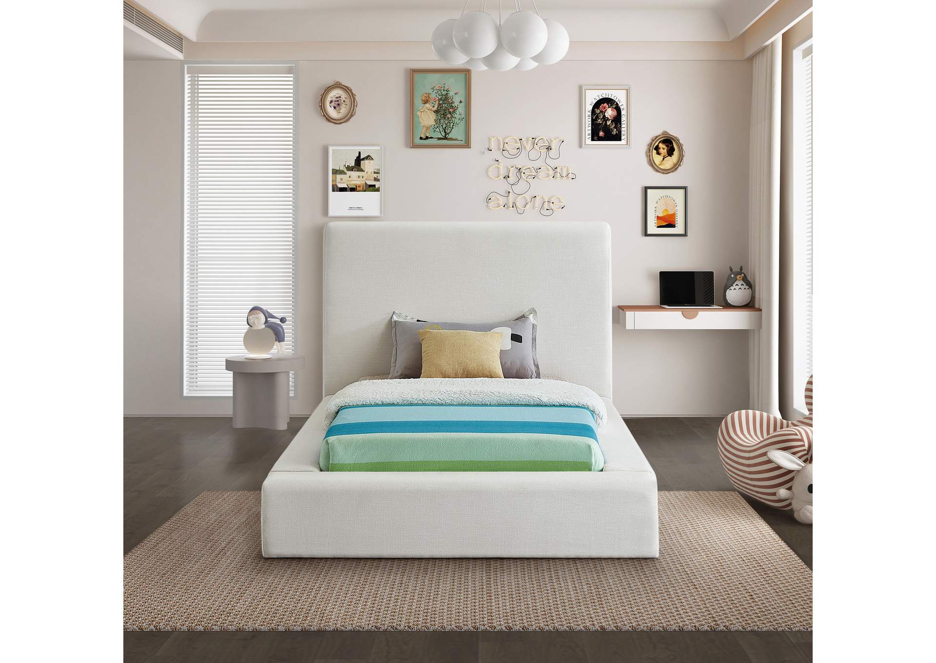 Devin Cream Linen Textured Fabric Twin Bed,Meridian Furniture