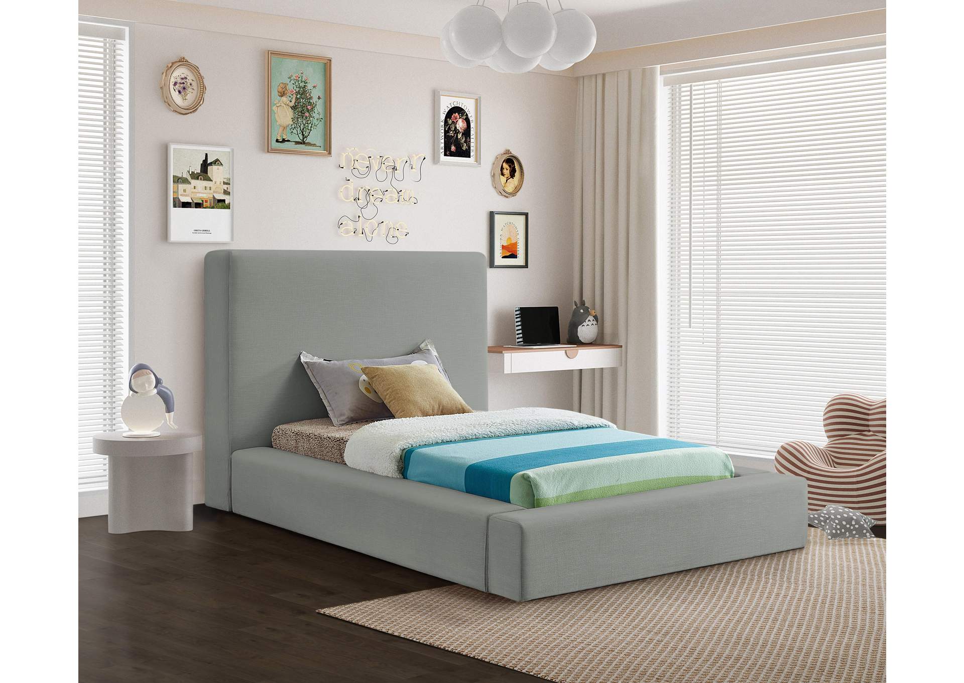 Devin Grey Linen Textured Fabric Twin Bed,Meridian Furniture