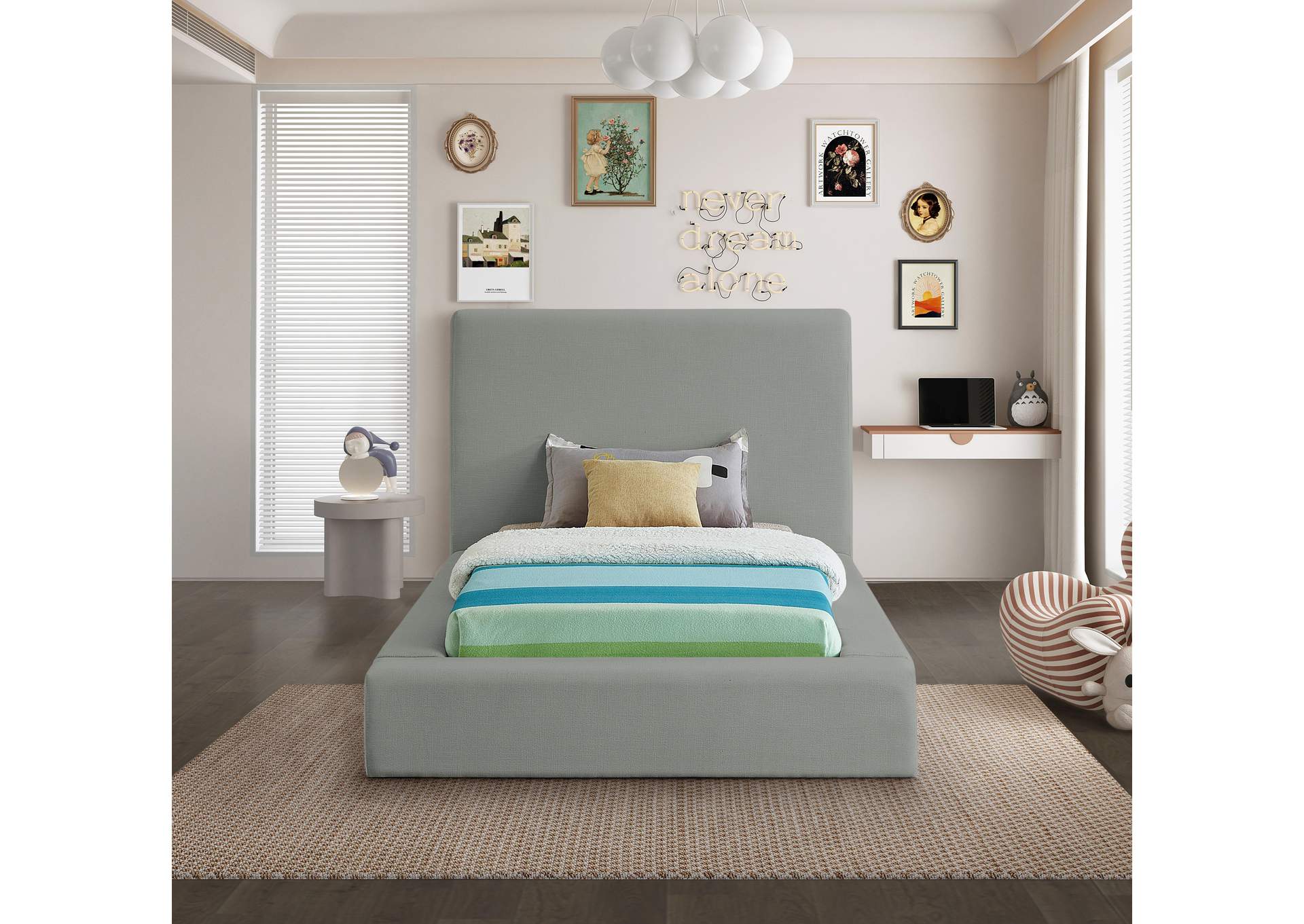 Devin Grey Linen Textured Fabric Twin Bed,Meridian Furniture